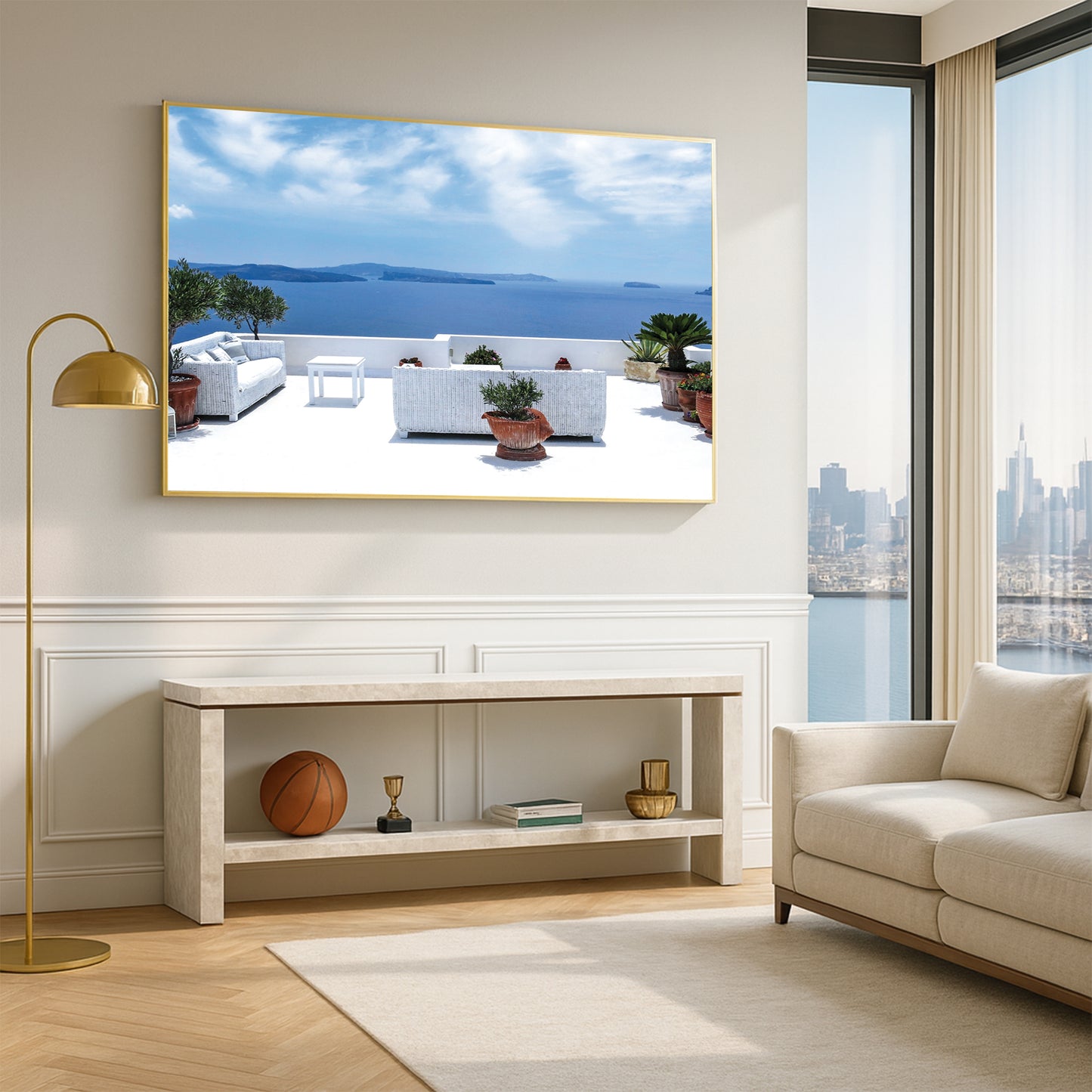 Santorini Serenity β White Balcony Wall Art, Aegean Sea View, Luxury Travel Decor