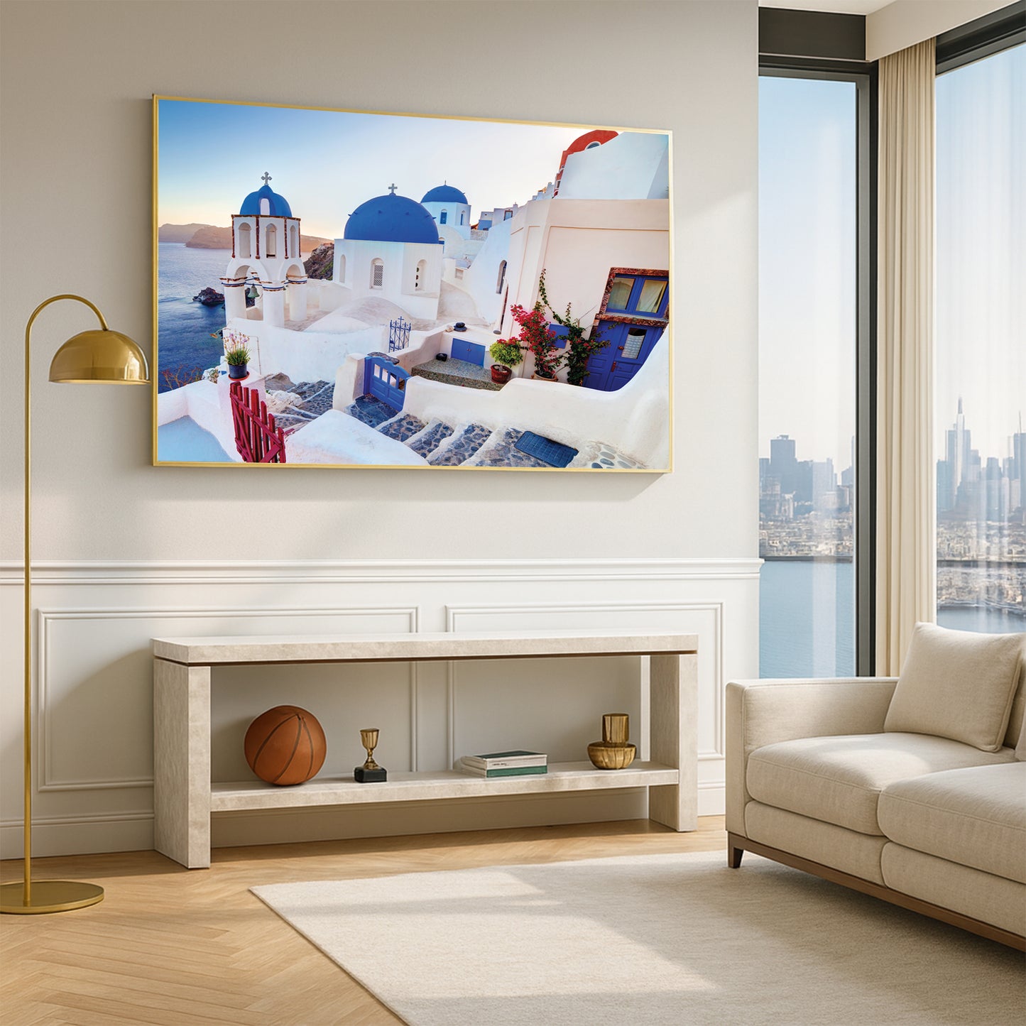 Oia Sunset View – Santorini Dome Church Wall Art, Greece Blue and White Village Decor