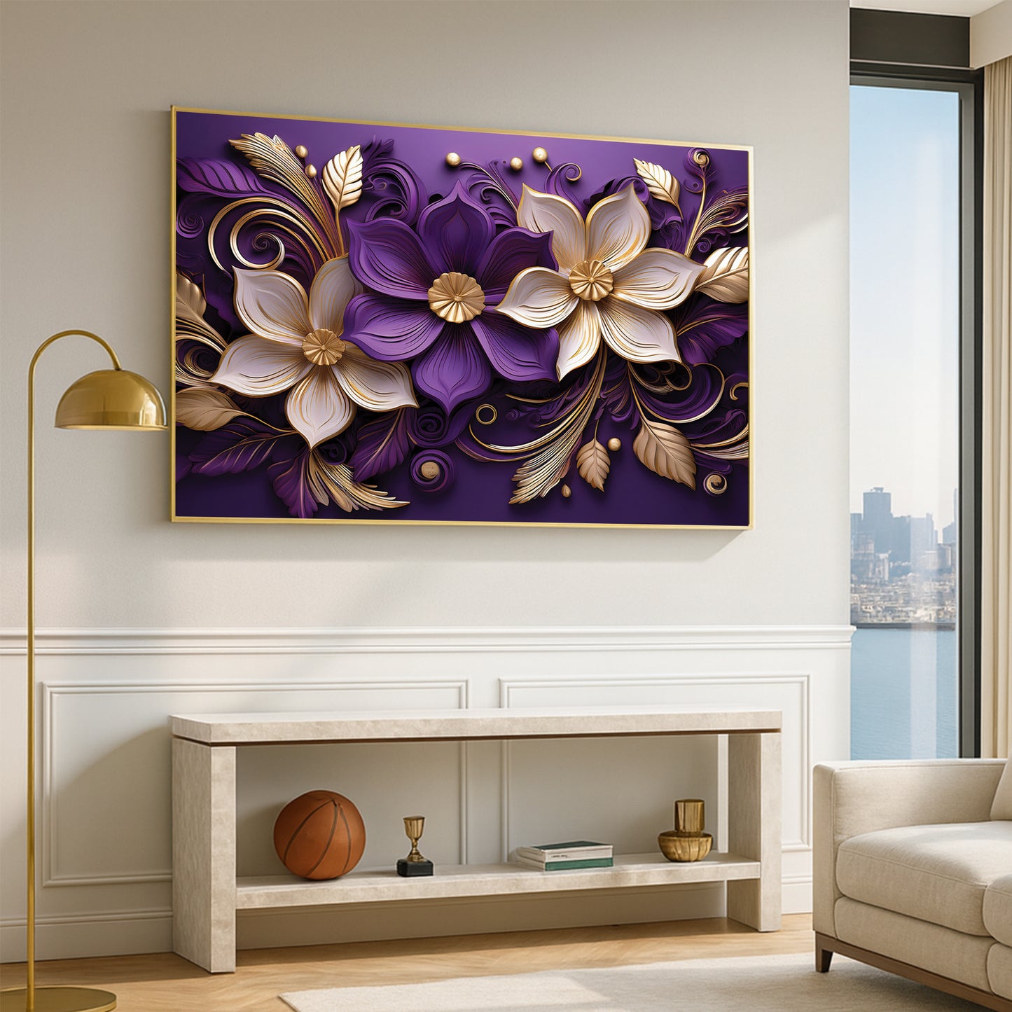 Luxury Purple & Gold Floral Metal Framed Wall Art – Elegant Botanical Design