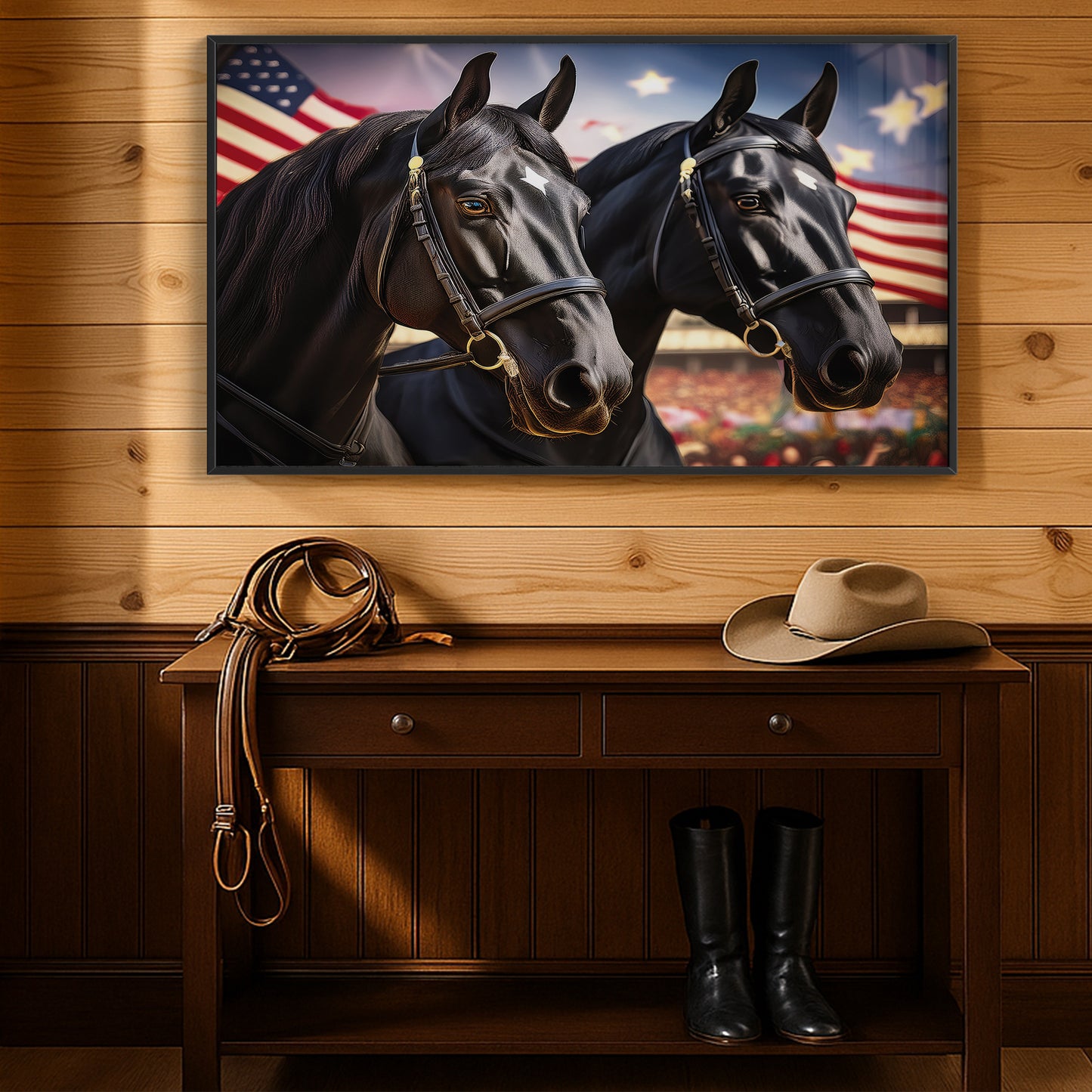 American Pride – Black Percheron Draft Duo with Flags