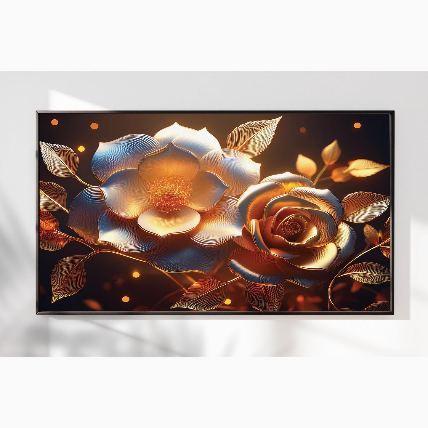 Golden Rose & Light Bloom Metal Framed Wall Art – Radiant Luxury Design