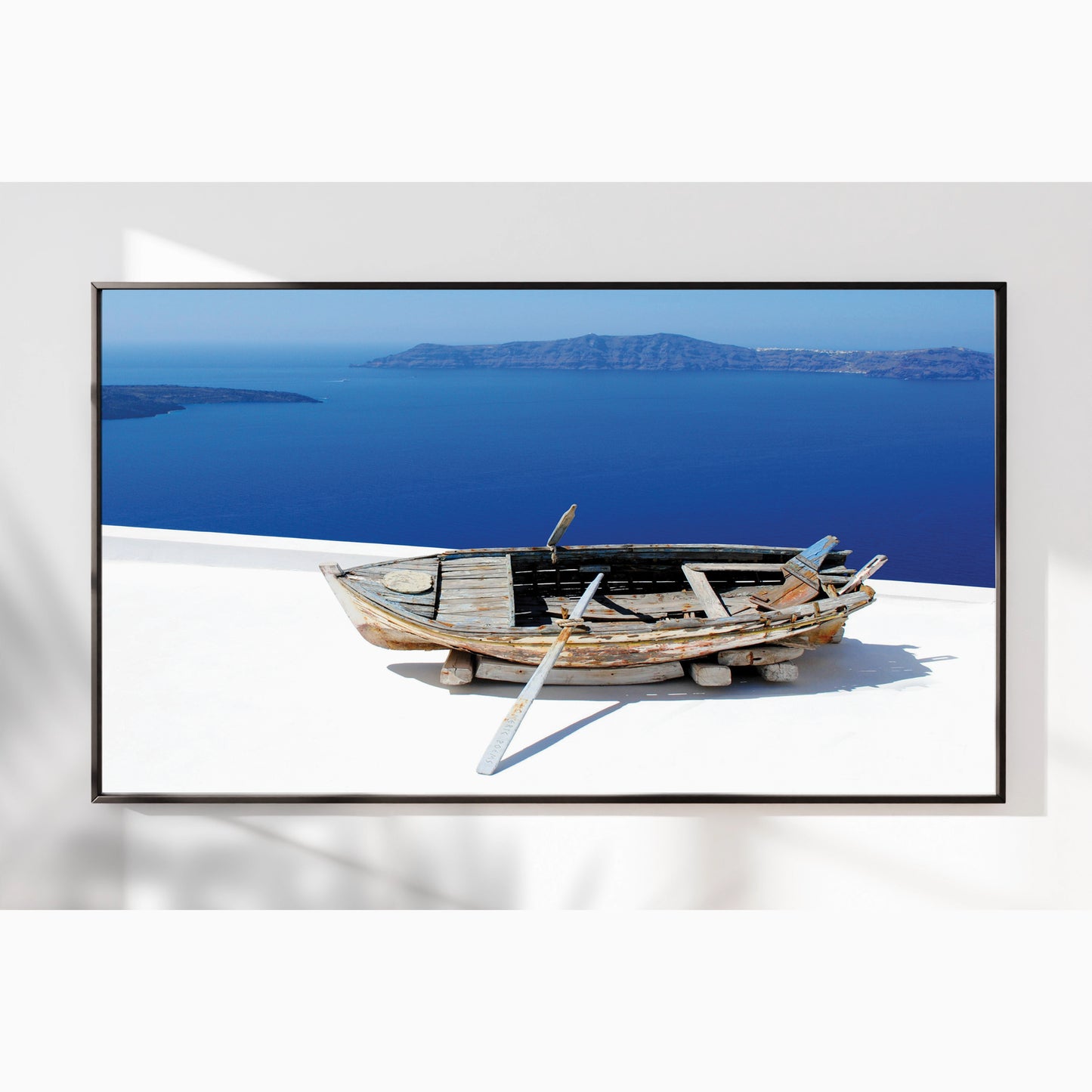 Aged Boat Overlooking Santorini Coast β Mediterranean Minimalist Wall Art Print