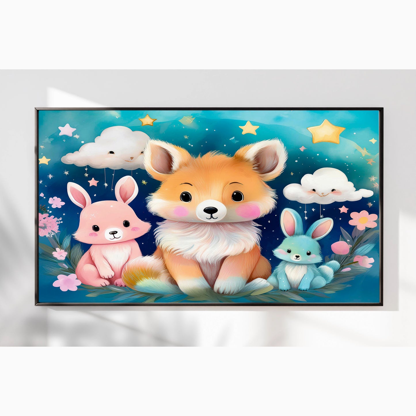 Fox & Bunny Woodland Friends Under a Starry Sky – Kids Animal Wall Art