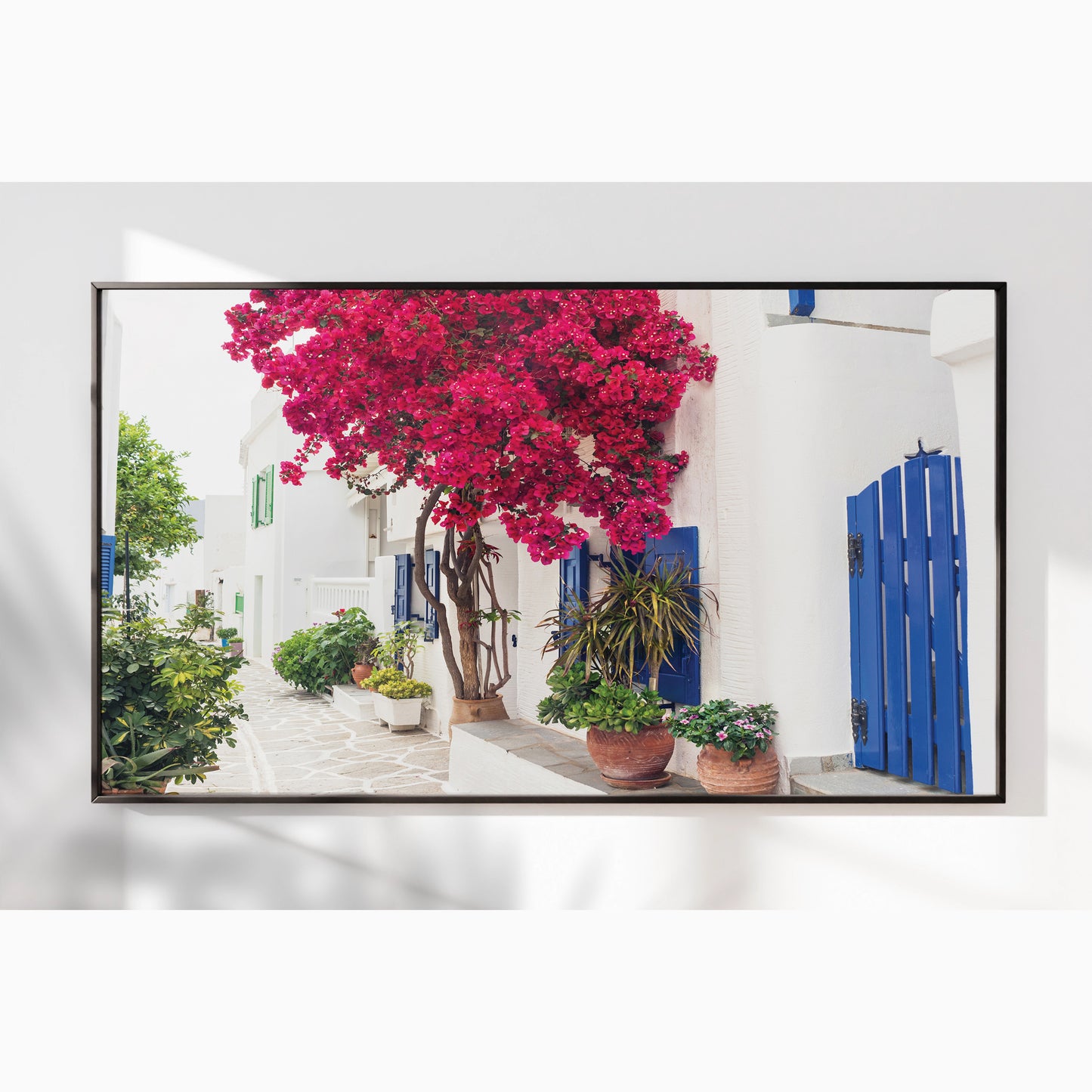 Cycladic Bloom – Bougainvillea Street Wall Art, Greek Island Floral Escape