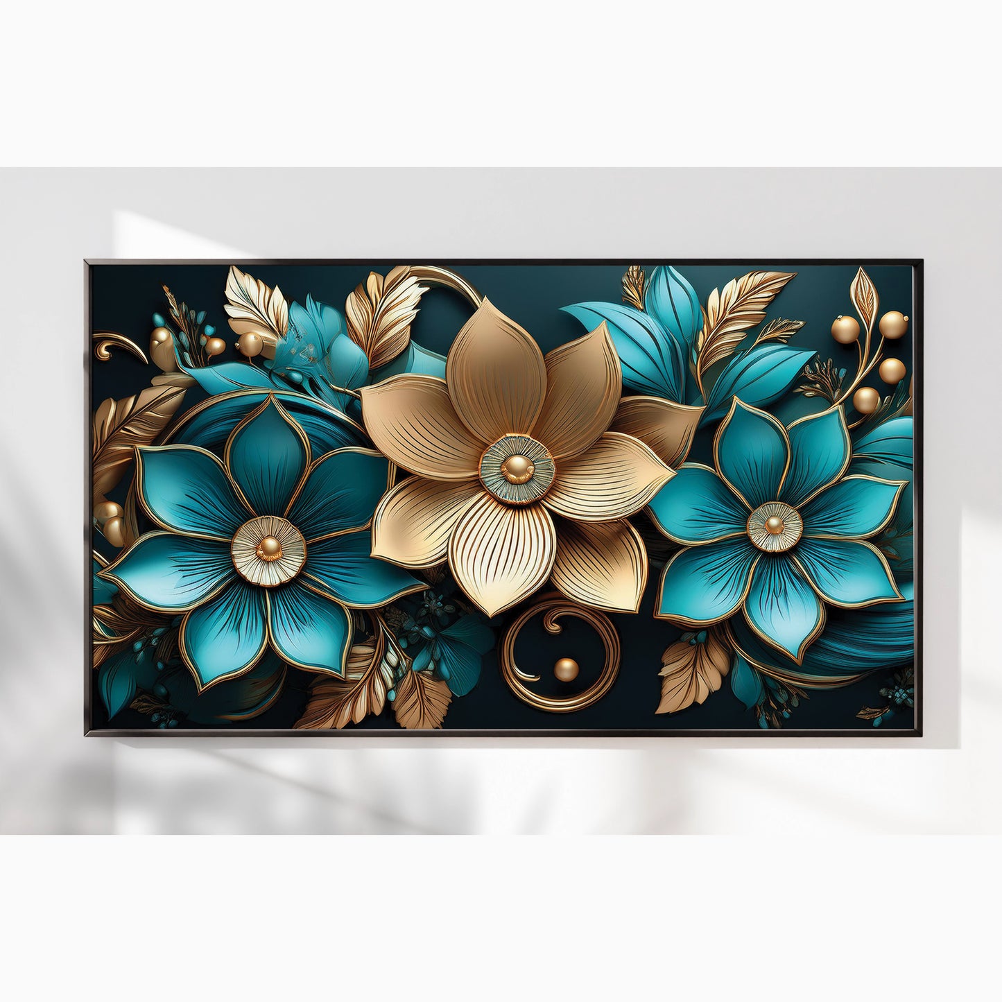 Luxury Blue & Gold Floral Metal Framed Wall Art – Elegant Botanical Design