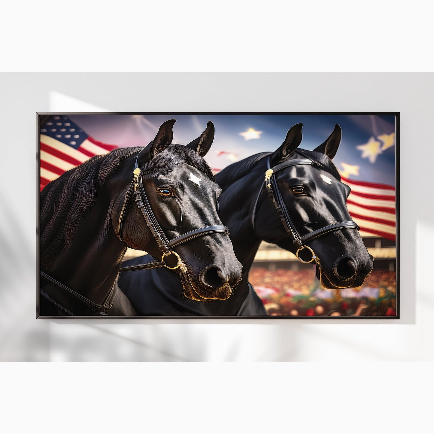 American Pride – Black Percheron Draft Duo with Flags