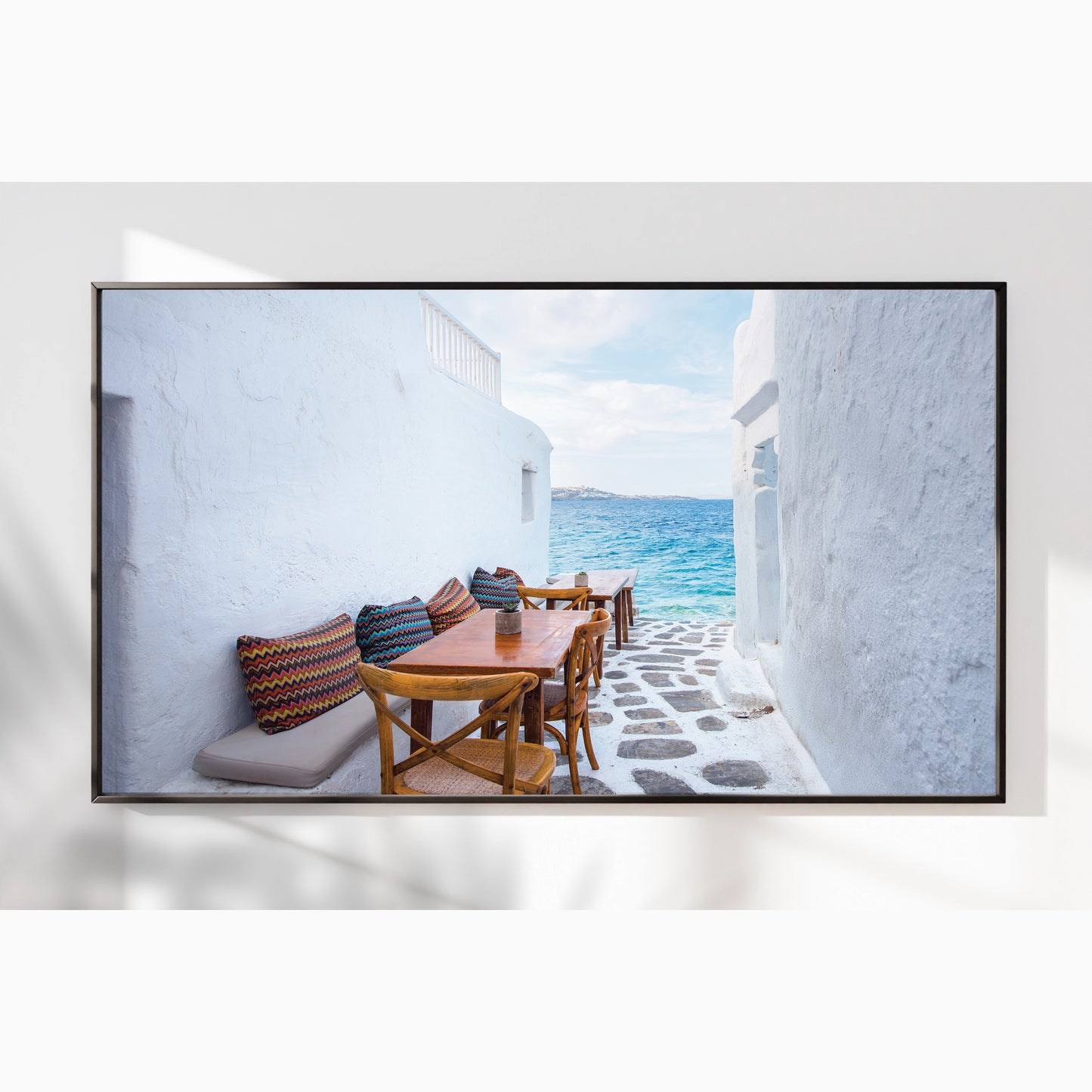 Mykonos Seaside Cafe – Greek Island Alleyway Wall Art, Coastal Dining View