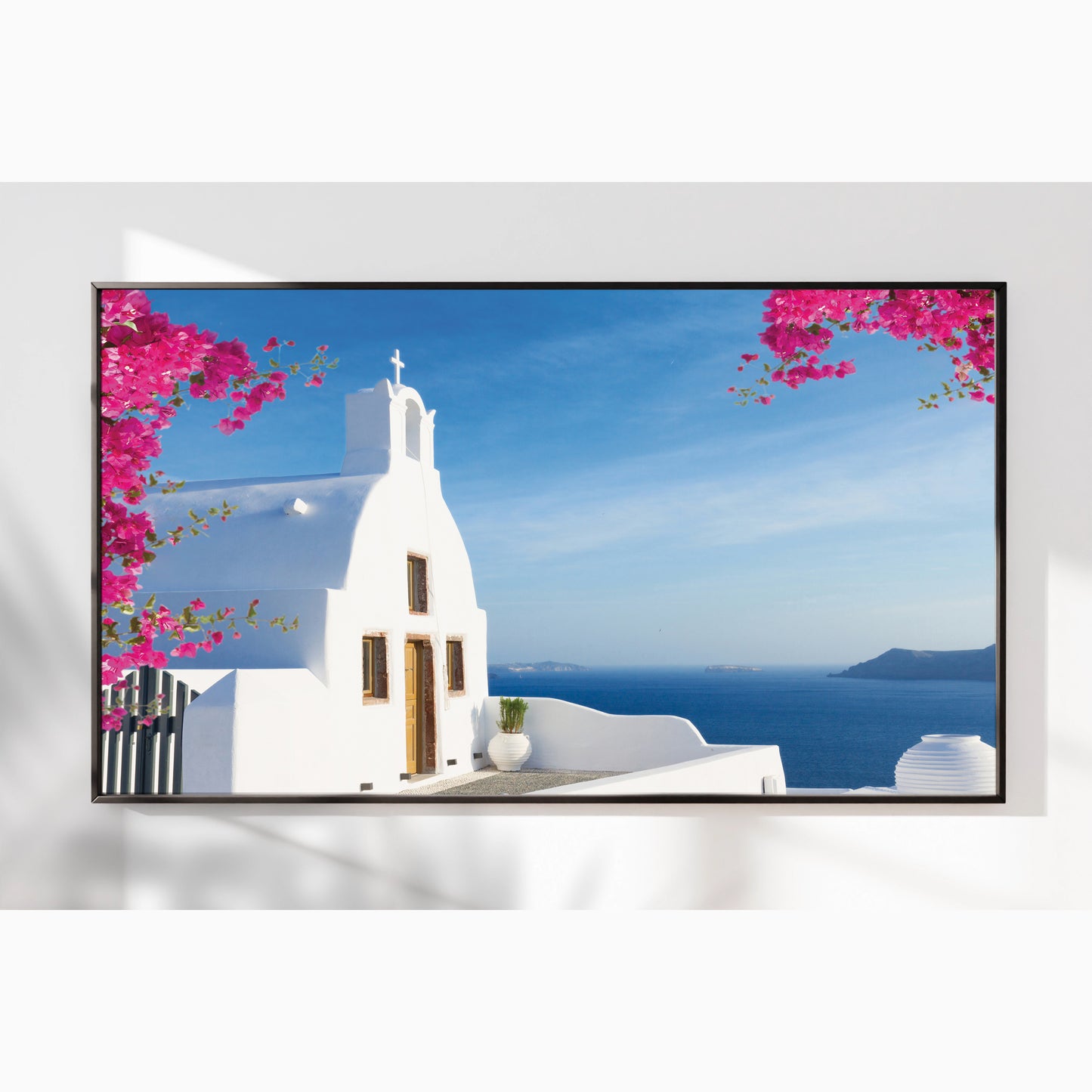 Santorini Cliffside Chapel Wall Art – Aegean Sea View with Bougainvillea Blossoms