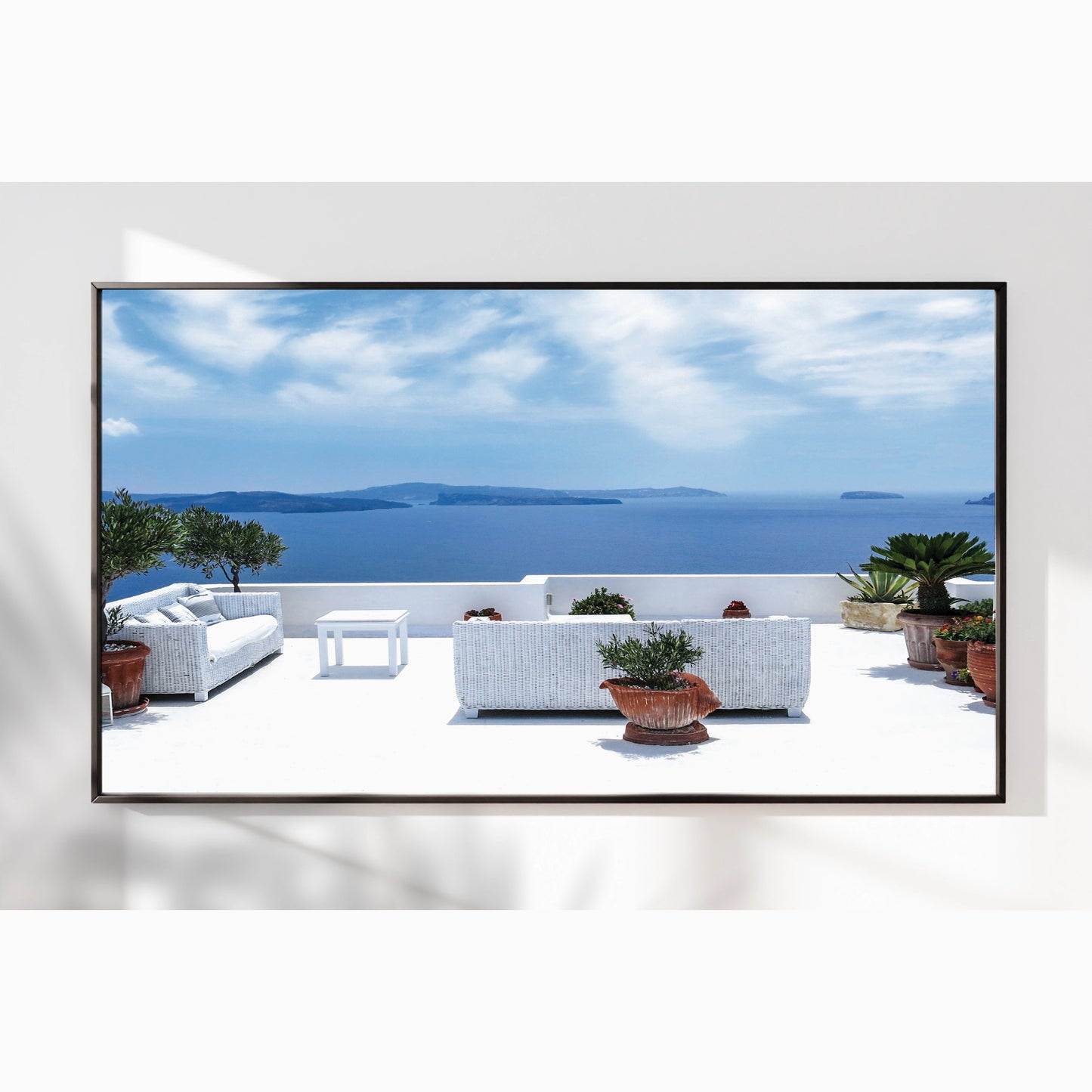 Santorini Serenity β White Balcony Wall Art, Aegean Sea View, Luxury Travel Decor