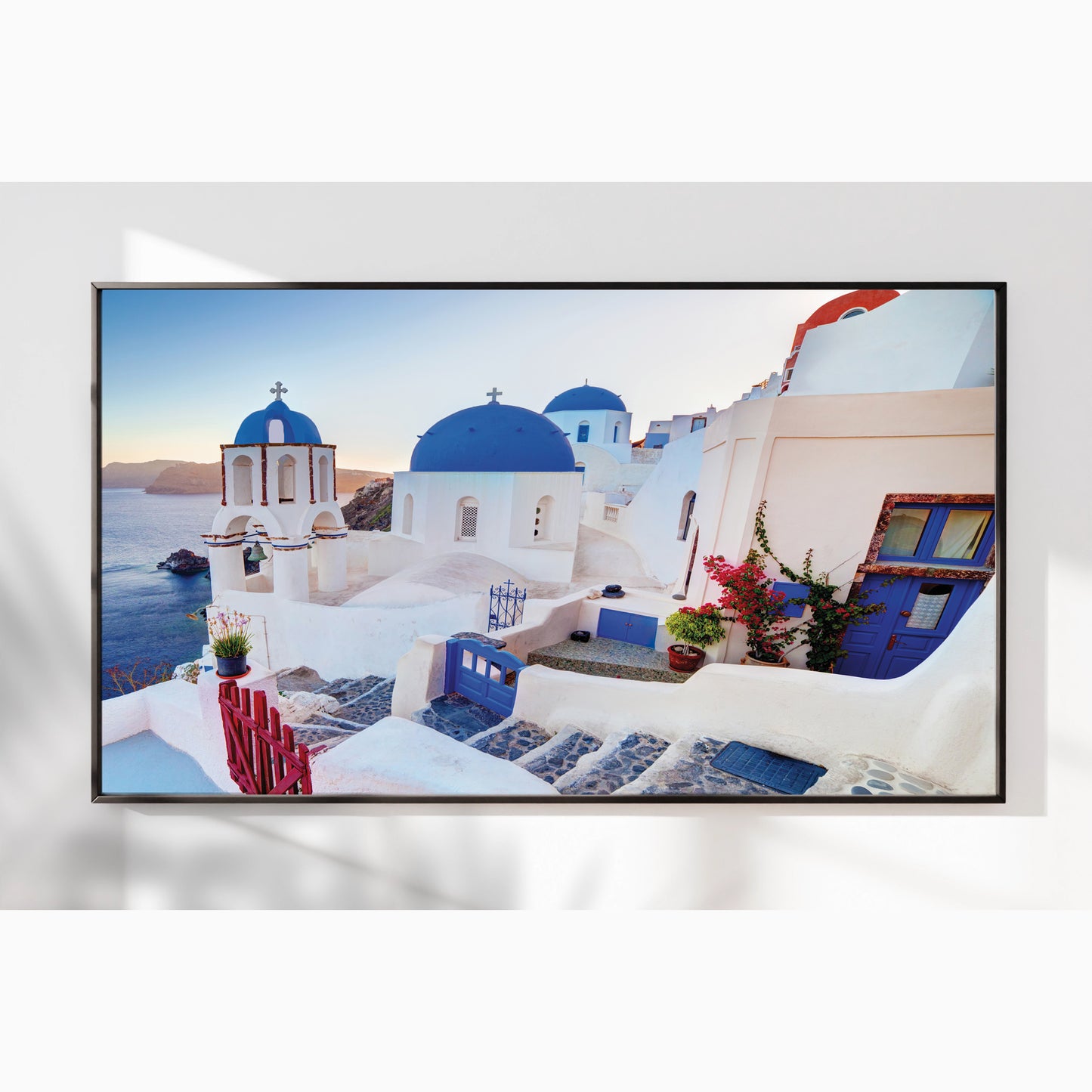 Oia Sunset View – Santorini Dome Church Wall Art, Greece Blue and White Village Decor
