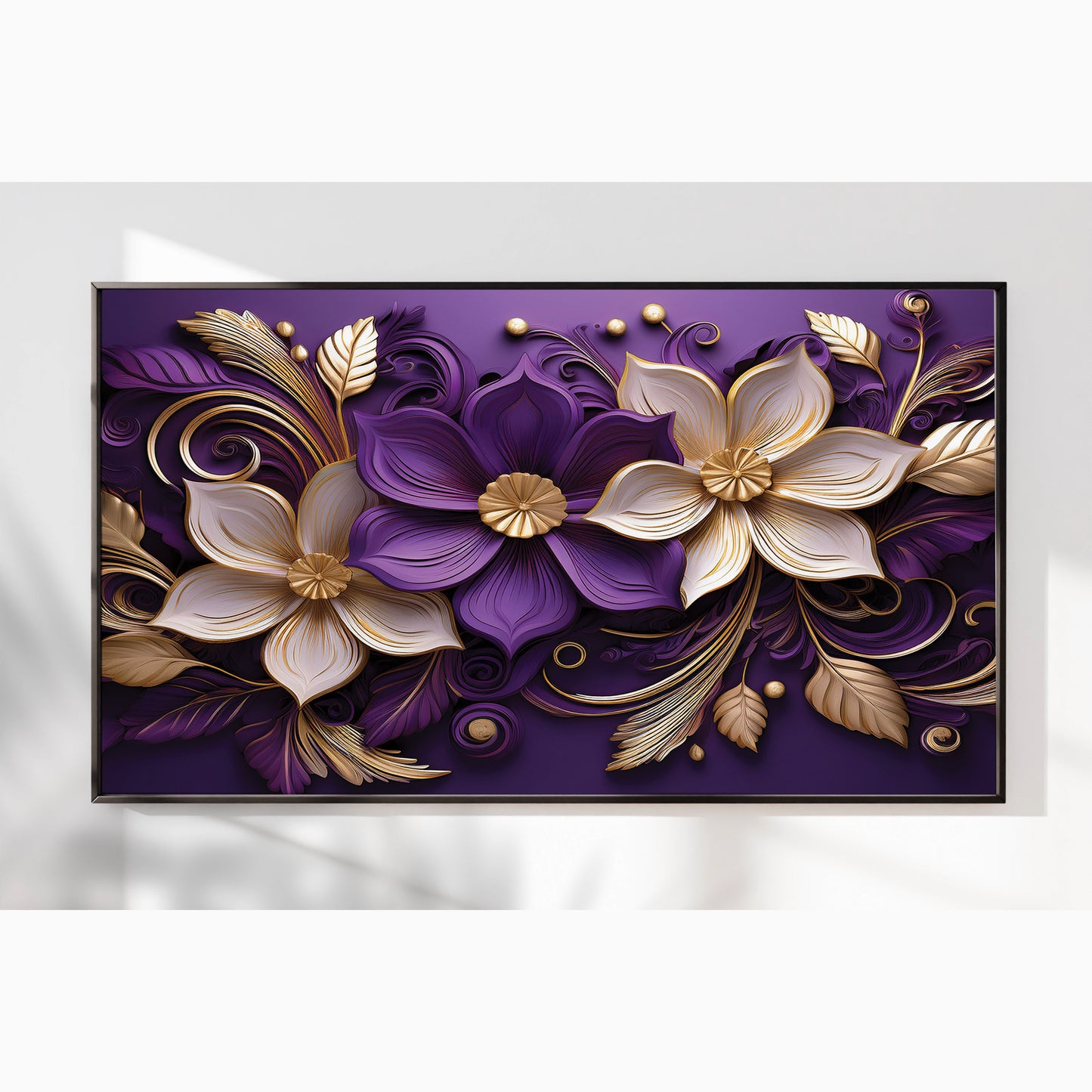 Luxury Purple & Gold Floral Metal Framed Wall Art – Elegant Botanical Design