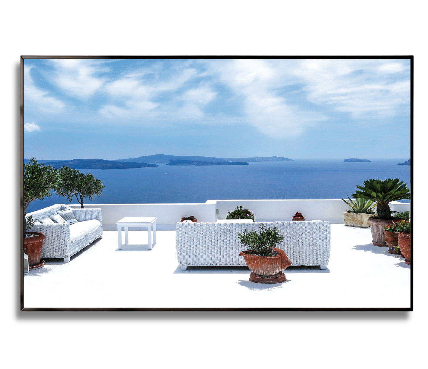 Santorini Serenity β White Balcony Wall Art, Aegean Sea View, Luxury Travel Decor