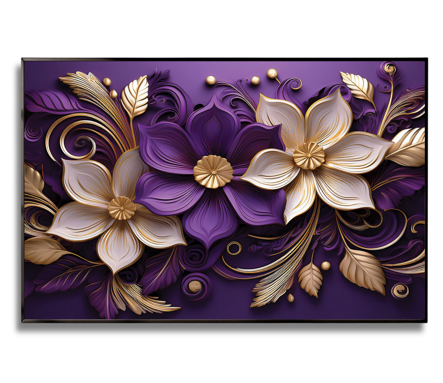 Purple and gold floral metal framed wall art with intricate botanical design, perfect for adding luxury to modern interiors.