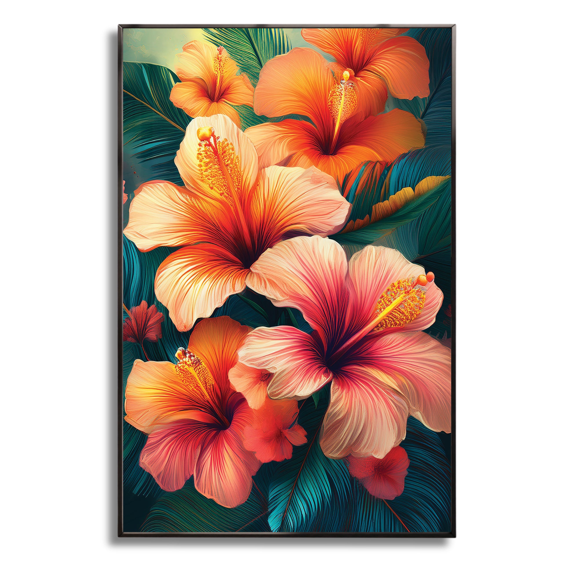 Tropical hibiscus floral wall art with orange and pink flowers and green leaves, framed in metal for exotic vibrant décor.