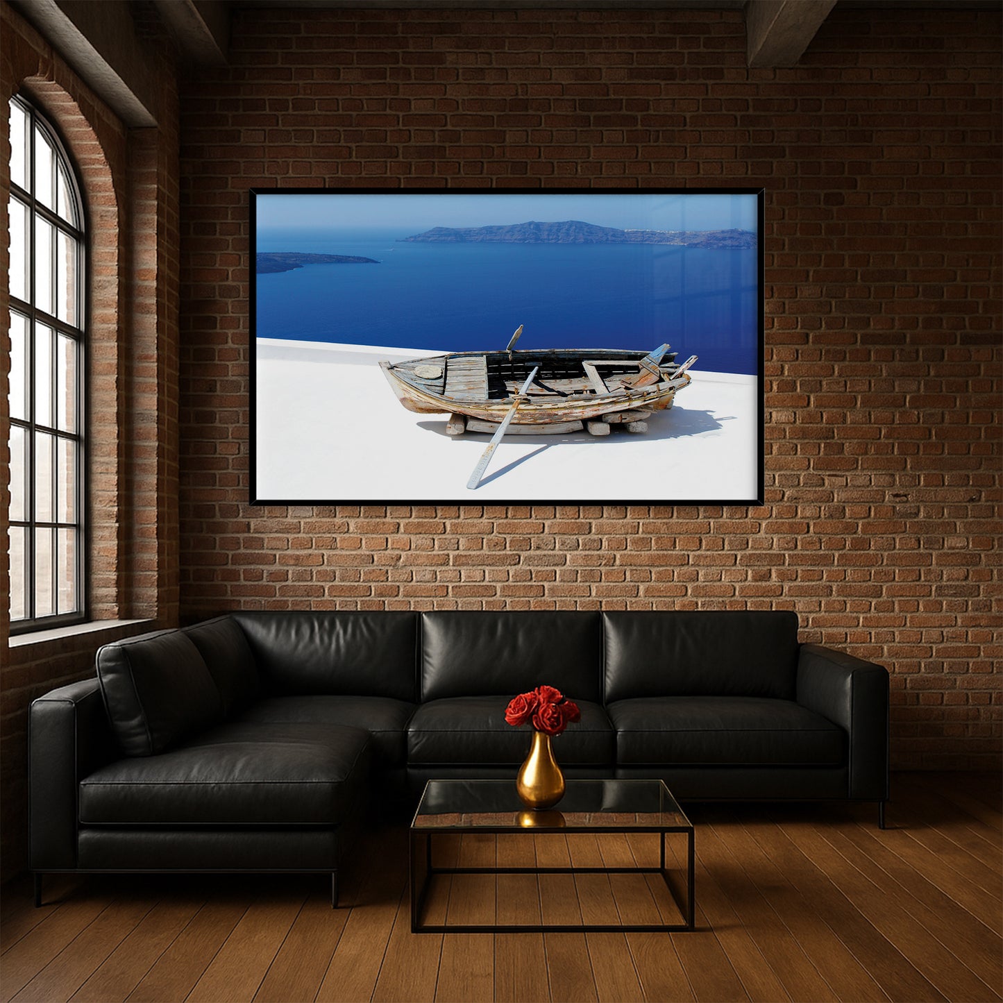 Aged Boat Overlooking Santorini Coast β Mediterranean Minimalist Wall Art Print