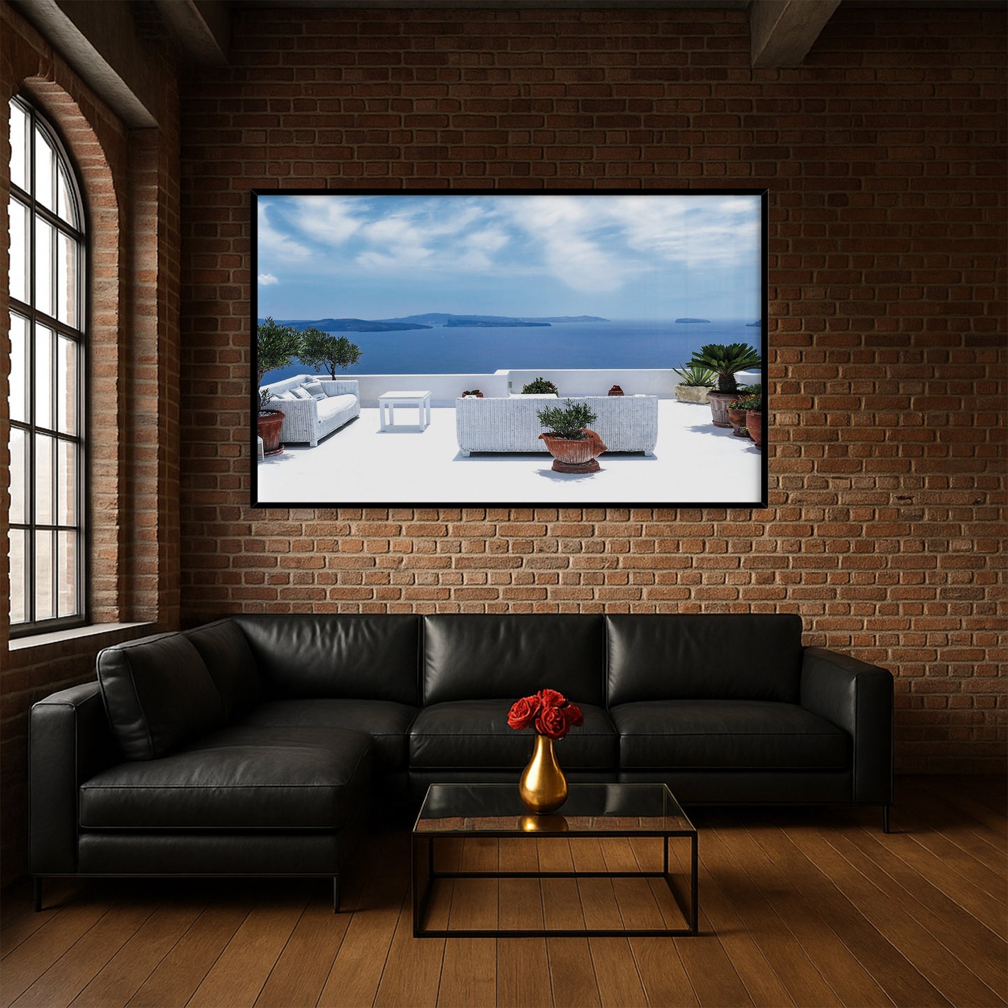 Santorini Serenity β White Balcony Wall Art, Aegean Sea View, Luxury Travel Decor