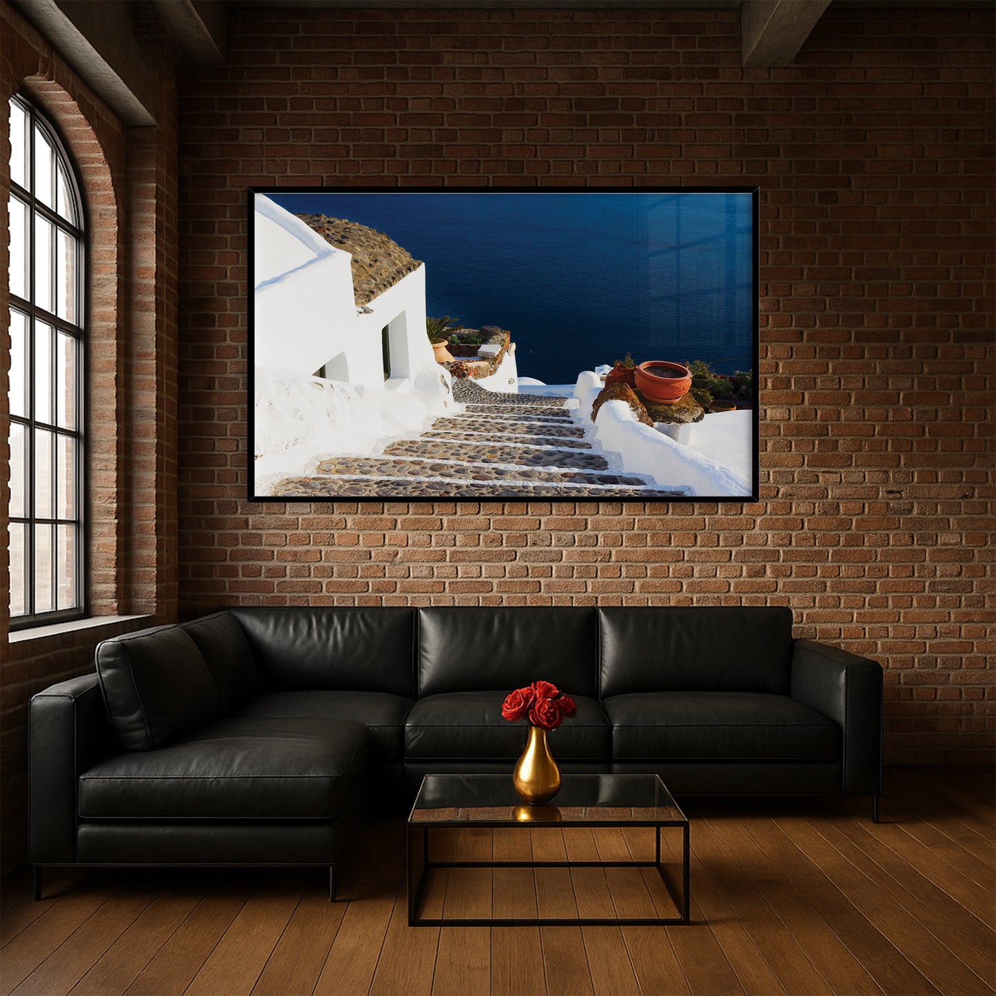 Santorini Steps – Greek Island Stone Path Wall Art, Aegean Sea View