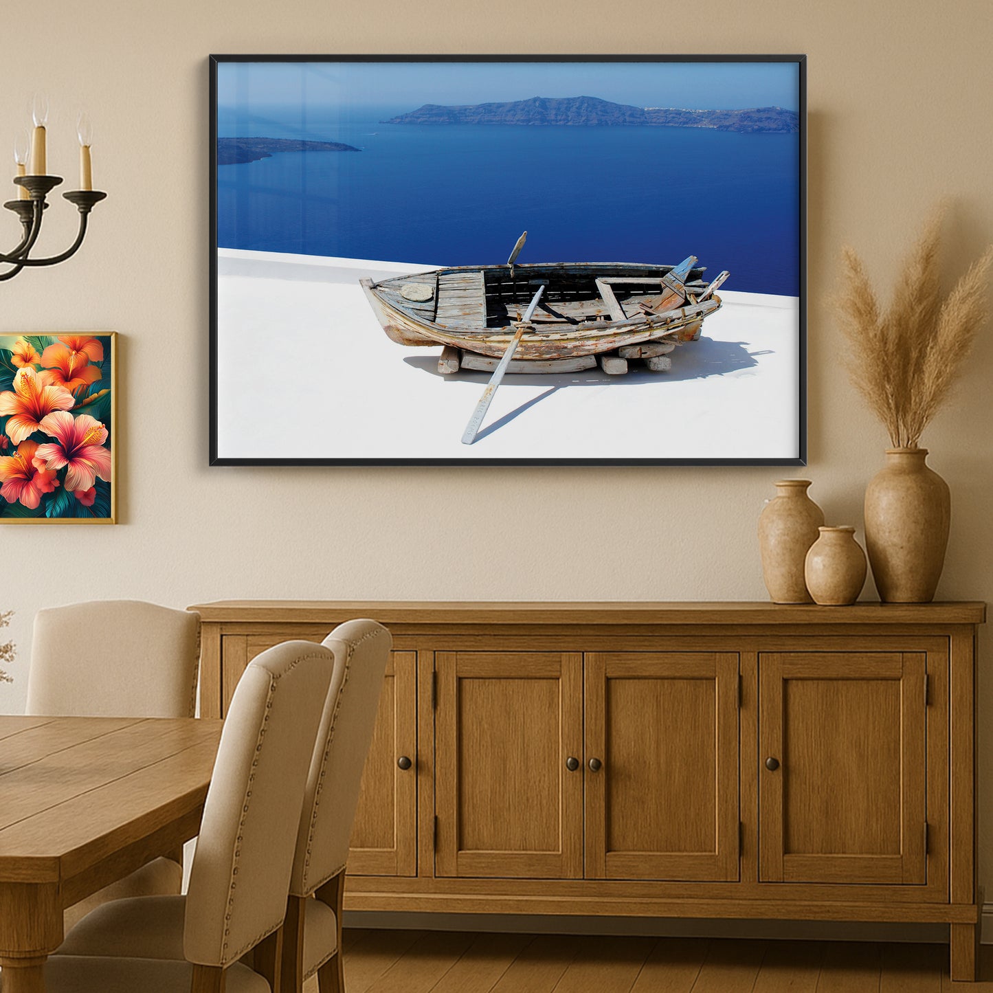 Aged Boat Overlooking Santorini Coast β Mediterranean Minimalist Wall Art Print