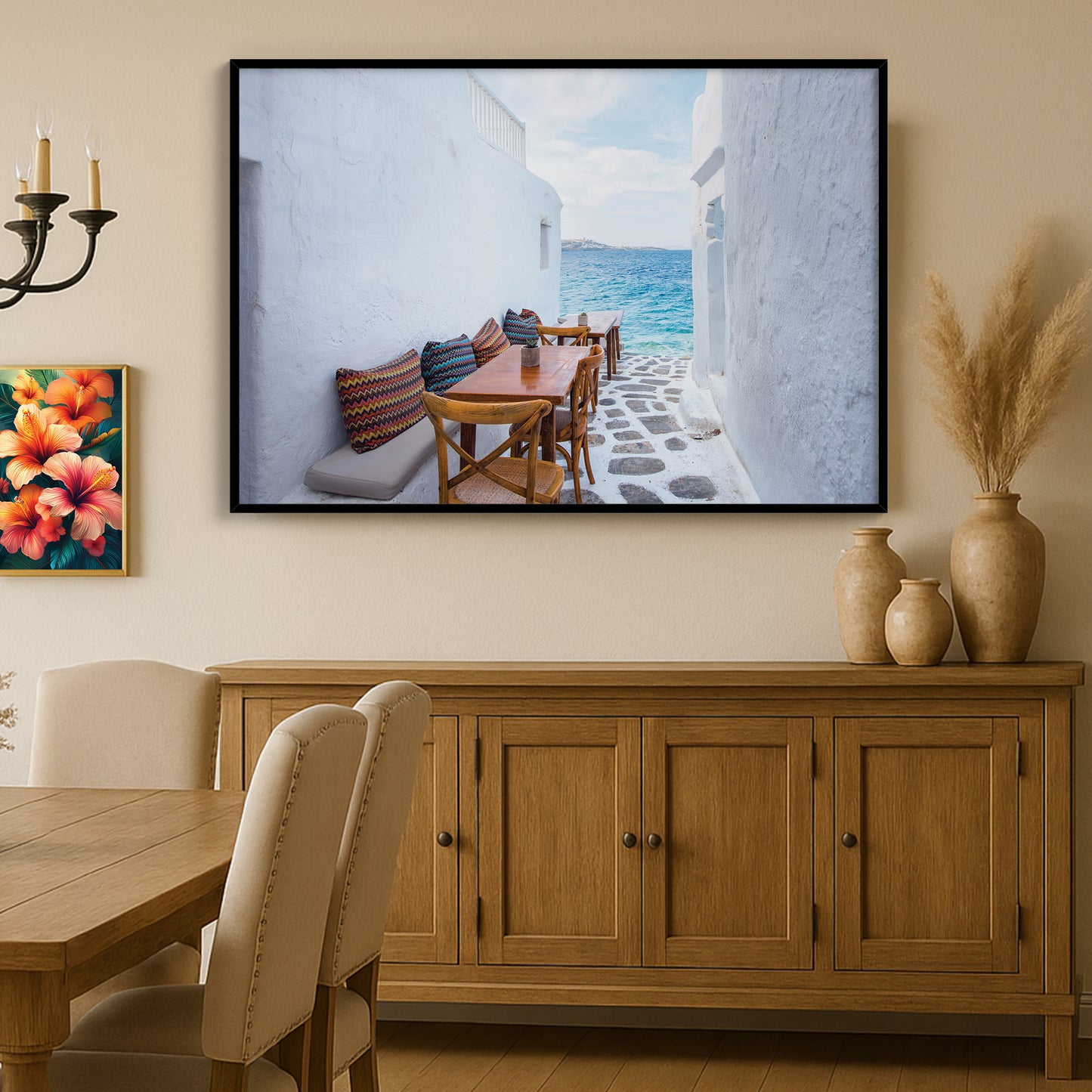 Mykonos Seaside Cafe – Greek Island Alleyway Wall Art, Coastal Dining View