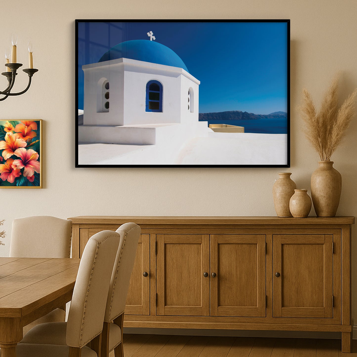 Santorini Blue Dome Church – Greek Island Wall Art, Minimal Coastal Icon