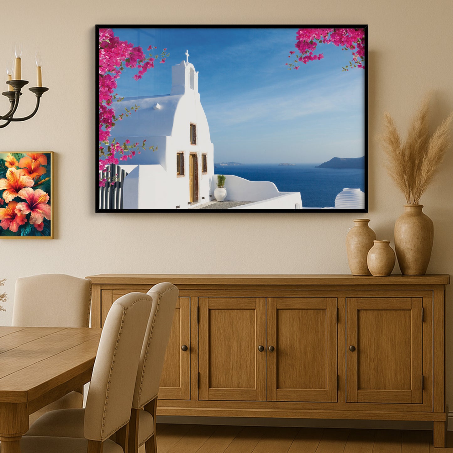 Santorini Cliffside Chapel Wall Art – Aegean Sea View with Bougainvillea Blossoms