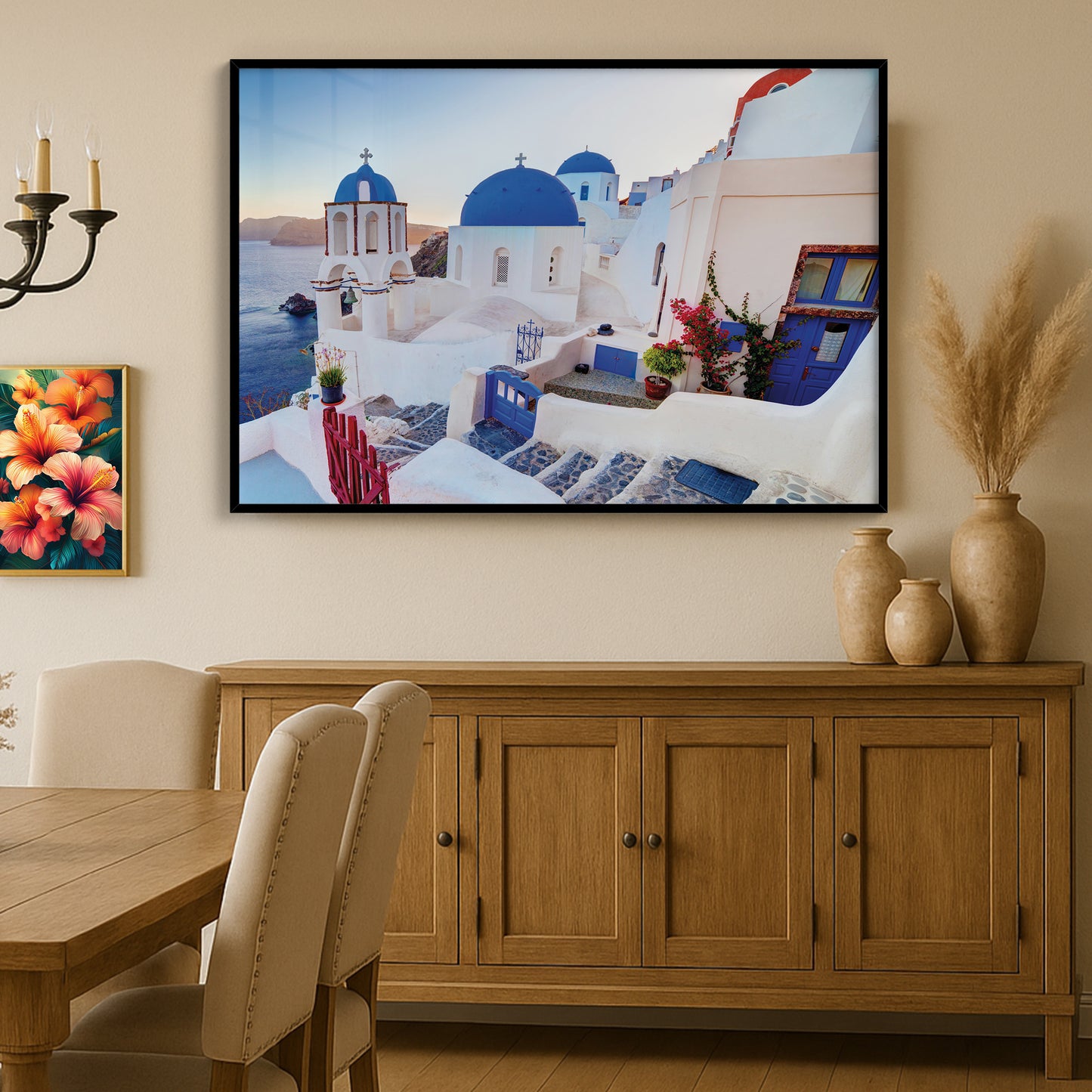 Oia Sunset View – Santorini Dome Church Wall Art, Greece Blue and White Village Decor
