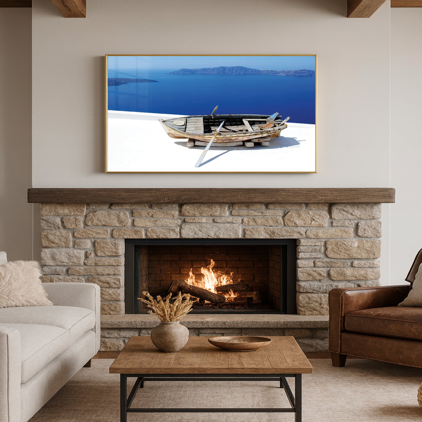 Aged Boat Overlooking Santorini Coast β Mediterranean Minimalist Wall Art Print