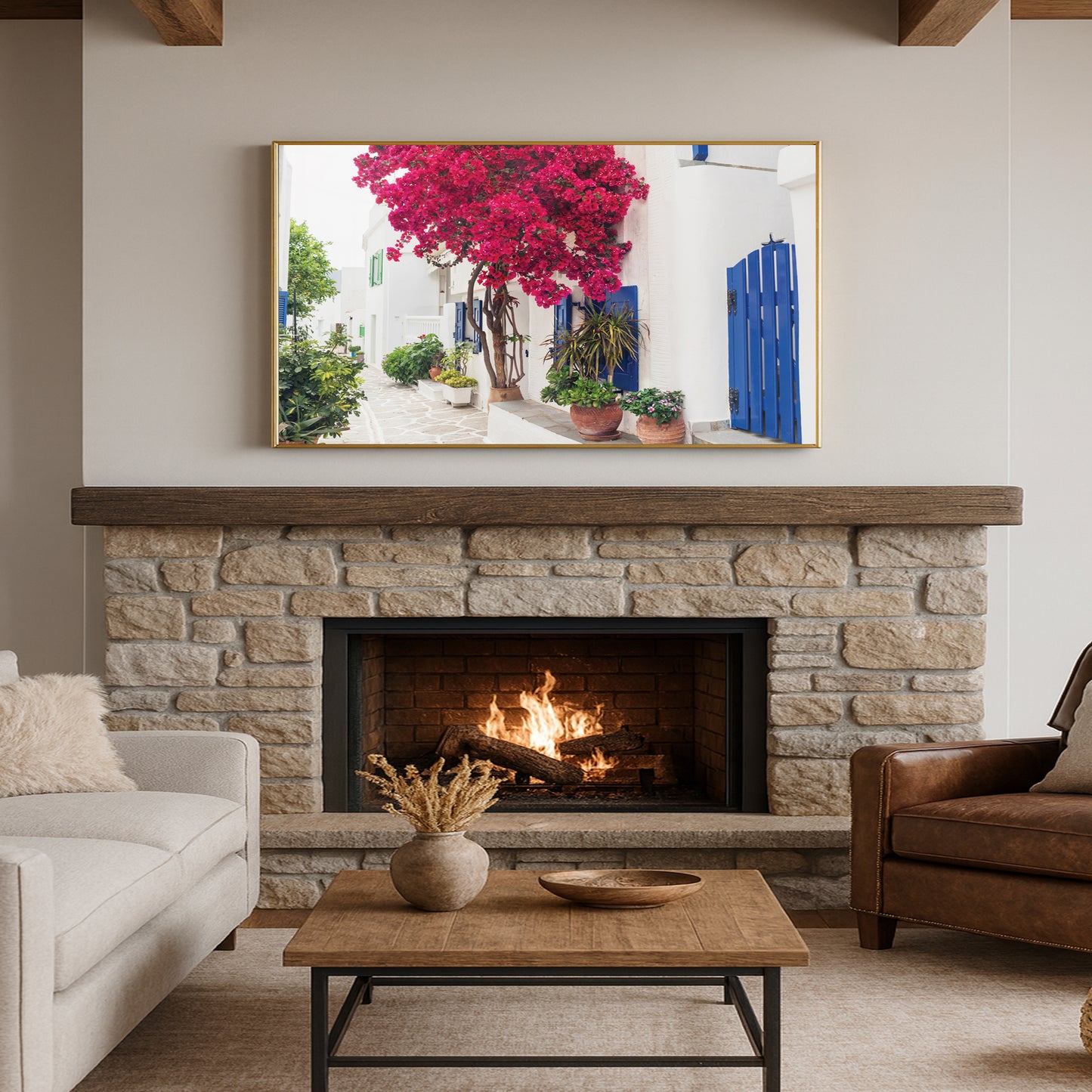 Cycladic Bloom – Bougainvillea Street Wall Art, Greek Island Floral Escape