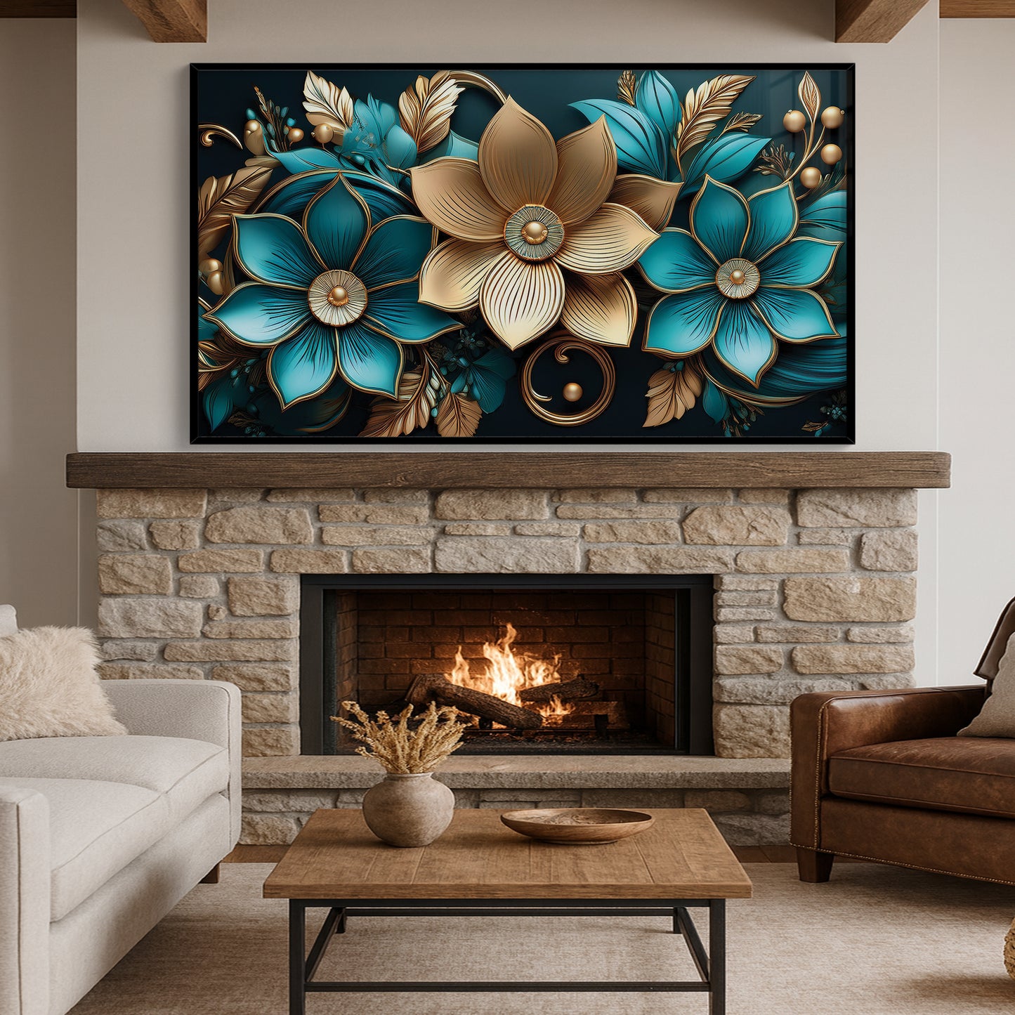 Luxury Blue & Gold Floral Metal Framed Wall Art – Elegant Botanical Design