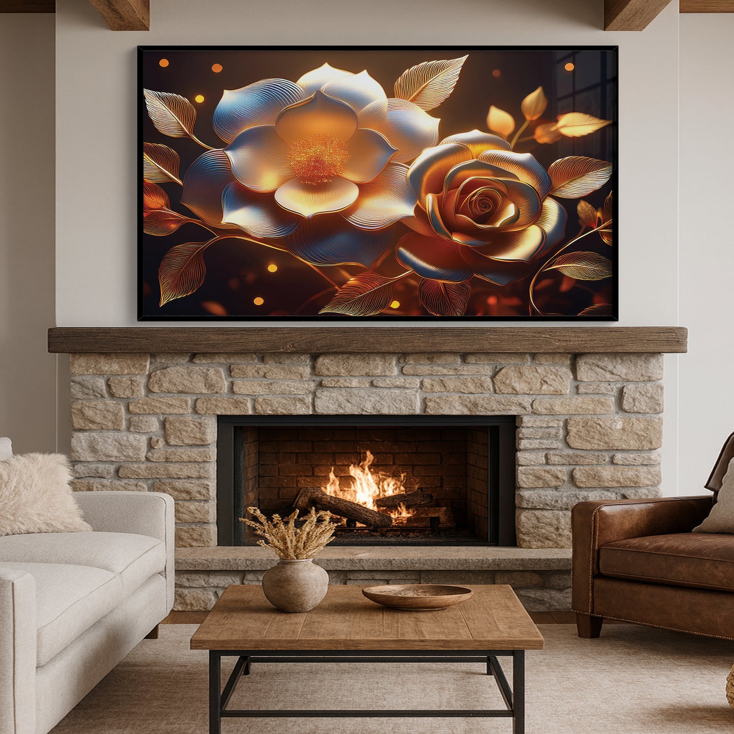 Golden Rose & Light Bloom Metal Framed Wall Art – Radiant Luxury Design