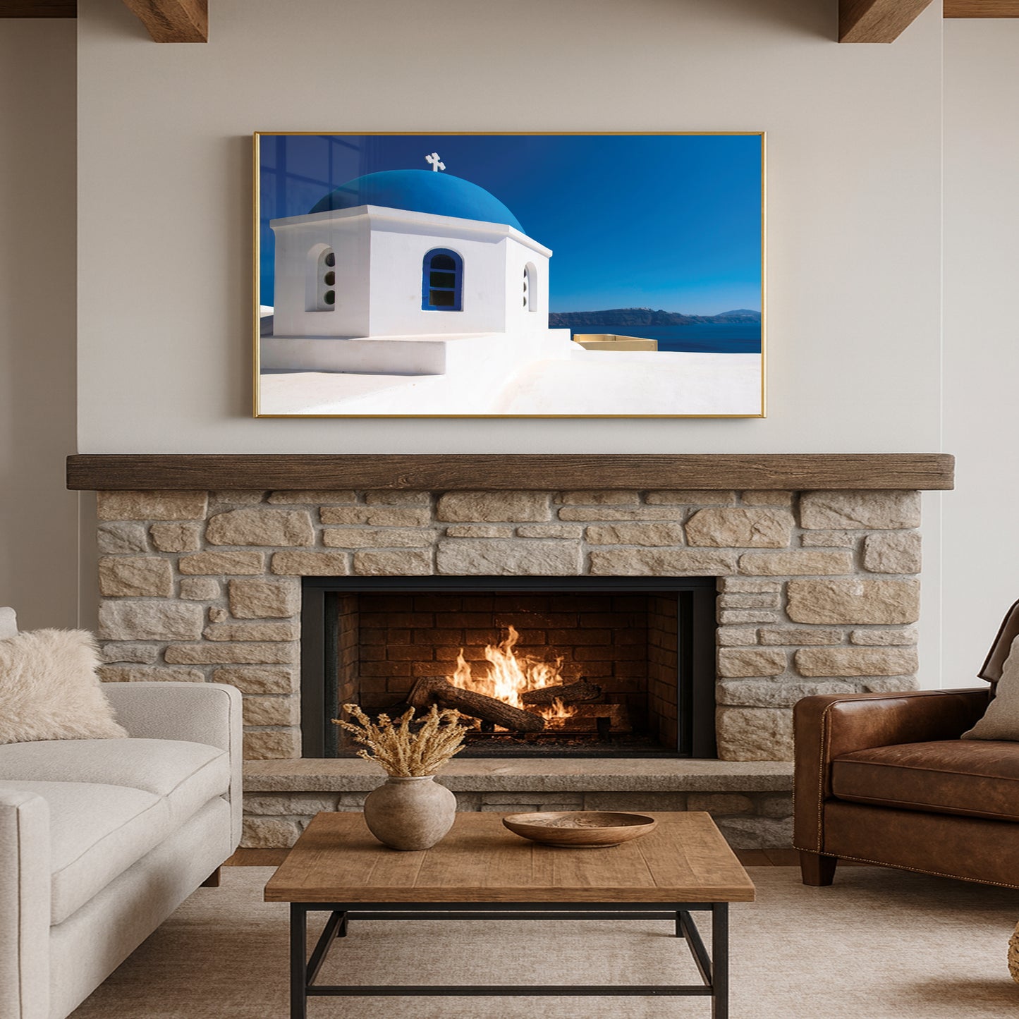 Santorini Blue Dome Church – Greek Island Wall Art, Minimal Coastal Icon