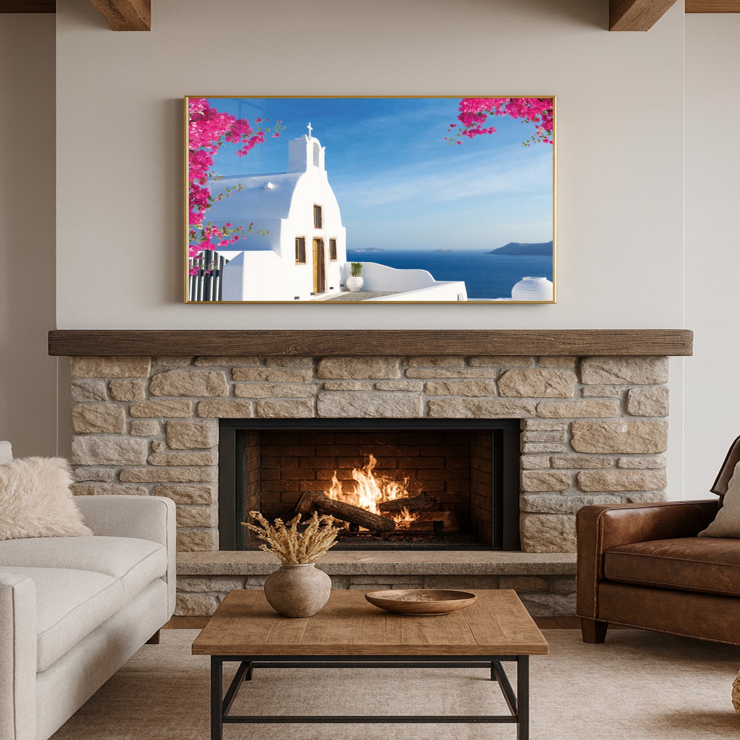 Santorini Cliffside Chapel Wall Art – Aegean Sea View with Bougainvillea Blossoms