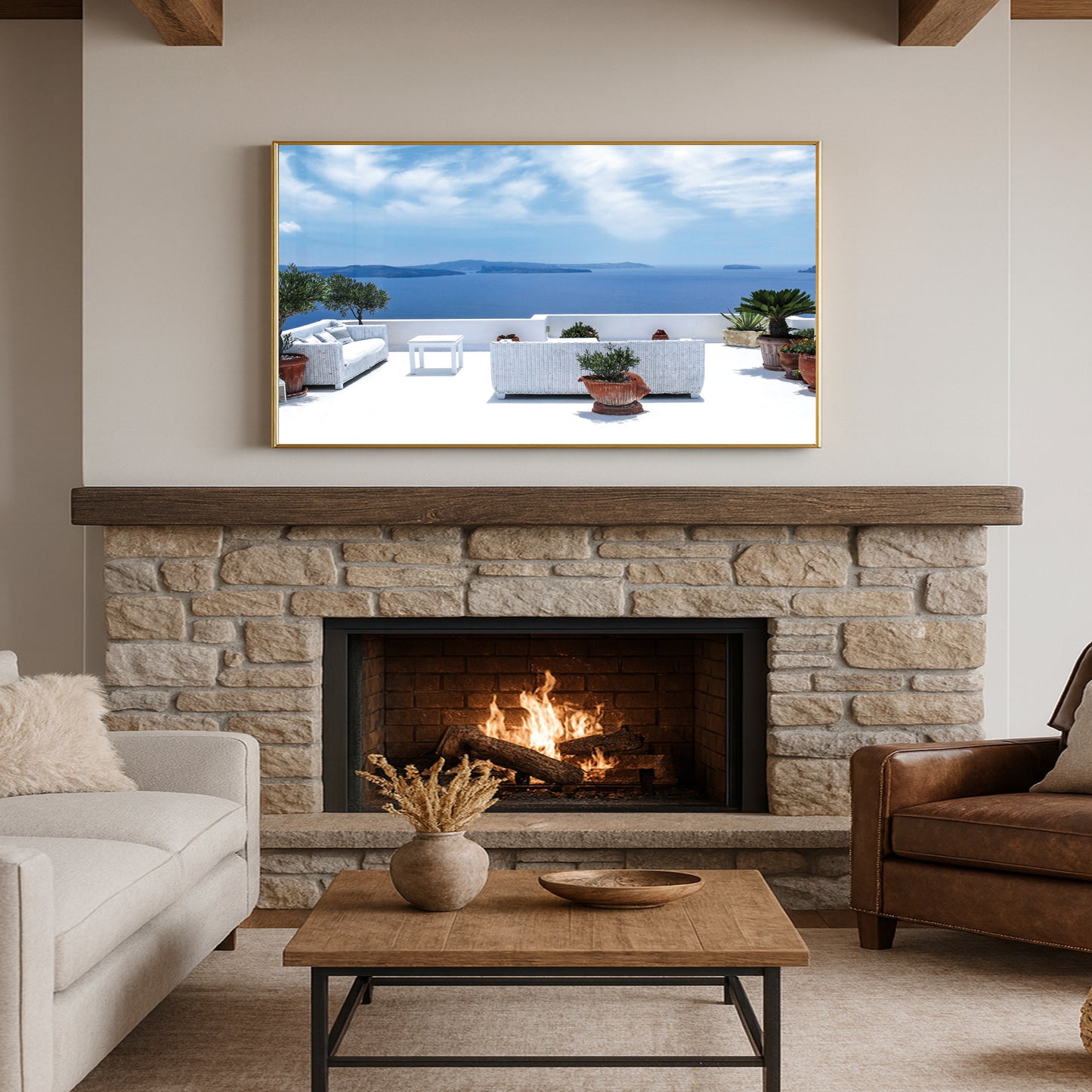 Santorini Serenity β White Balcony Wall Art, Aegean Sea View, Luxury Travel Decor