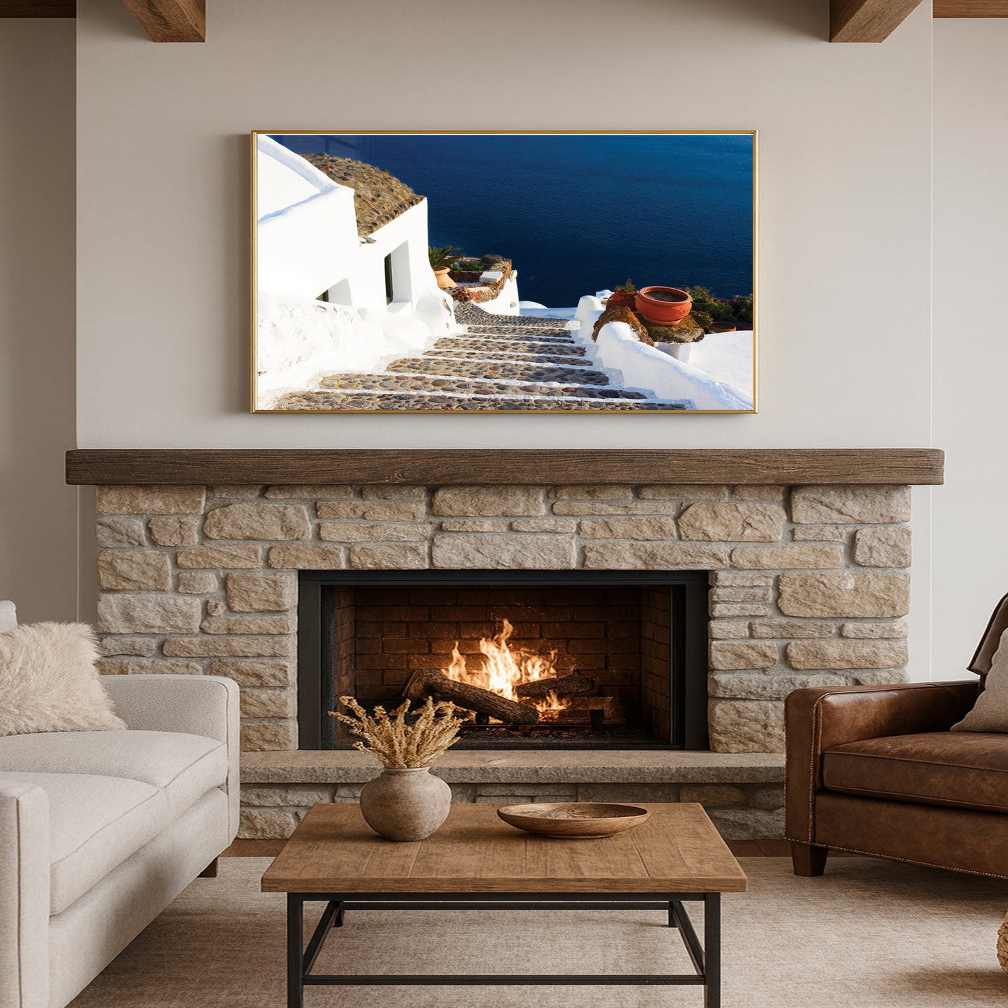 Santorini Steps – Greek Island Stone Path Wall Art, Aegean Sea View