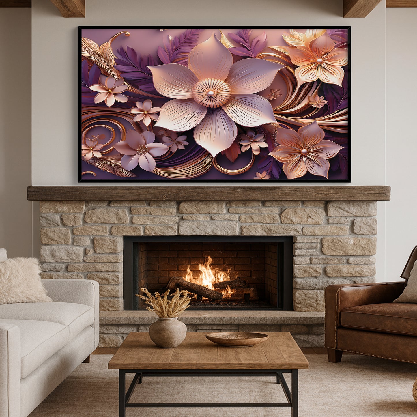 Romantic Light Pink & Purple Floral Metal Framed Wall Art – Modern Luxury Design