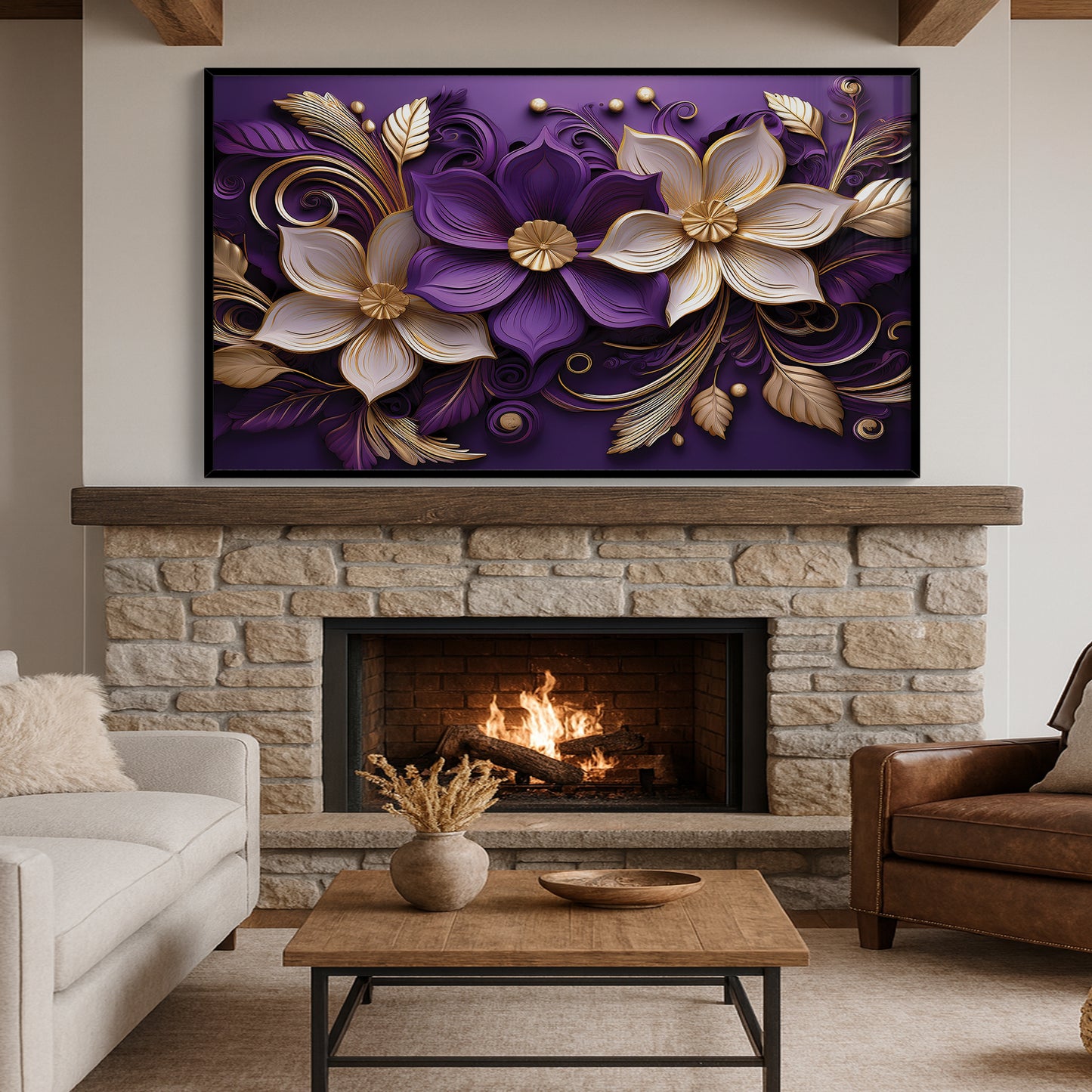 Luxury Purple & Gold Floral Metal Framed Wall Art – Elegant Botanical Design