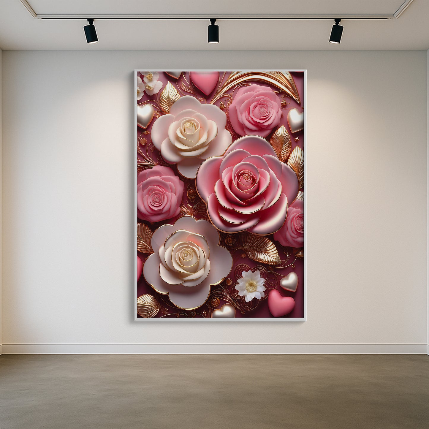 Romantic Pink & White Rose Metal Framed Wall Art – Luxury Floral Design