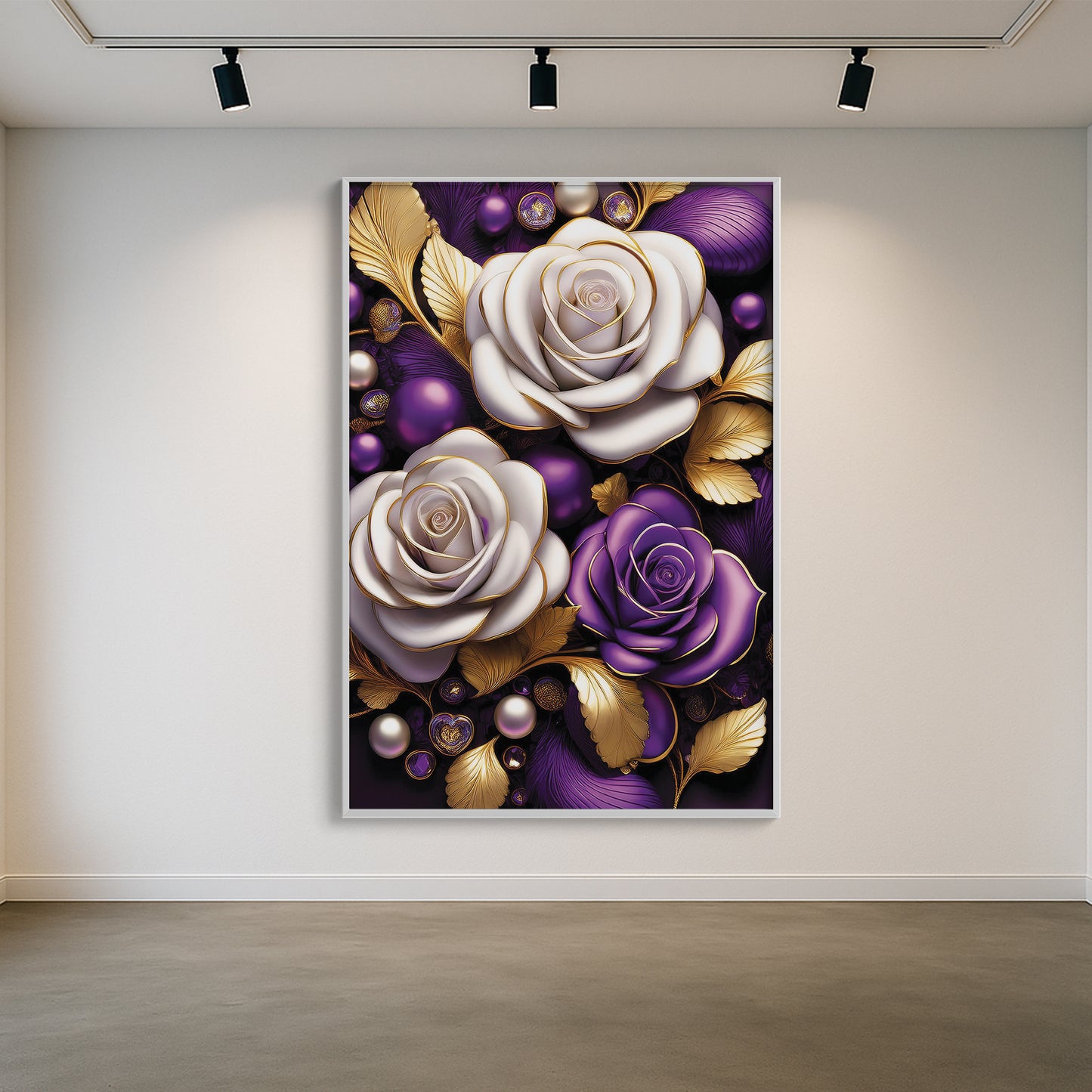 Elegant Purple & White Rose Metal Framed Wall Art – Modern Luxury Décor