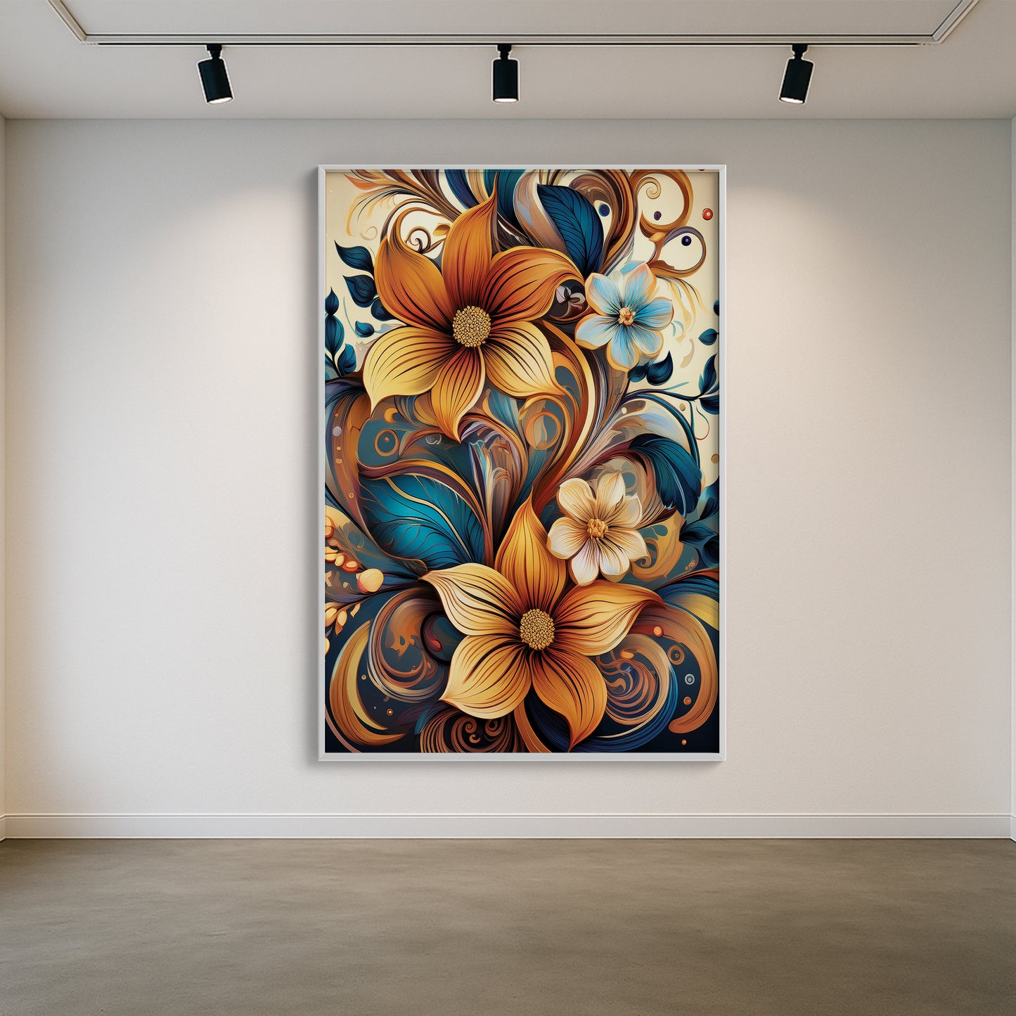 Golden & Cream Floral Metal Framed Wall Art – Elegant Botanical Design