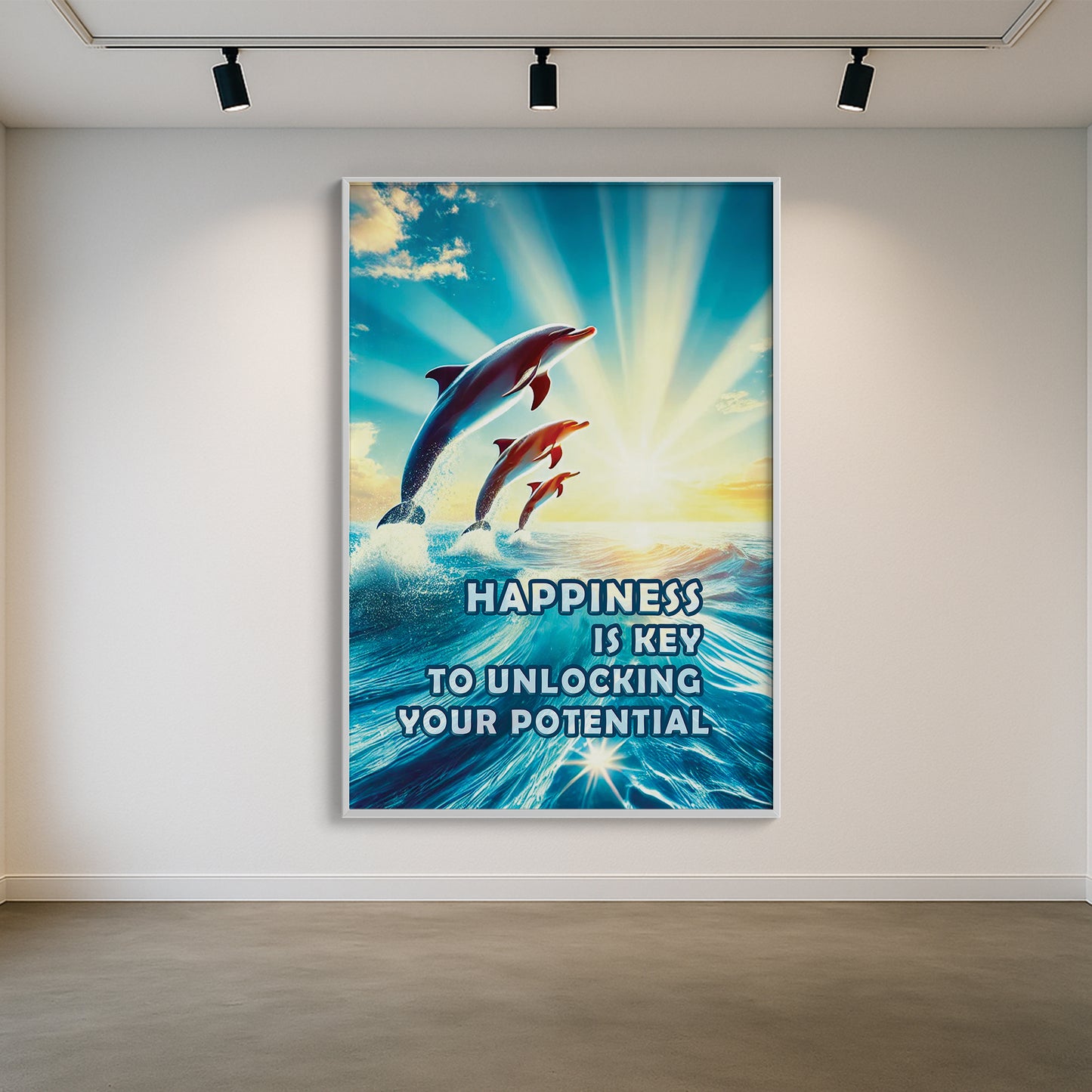 Happiness Unleashed β Dolphin Sunrise Inspirational Wall Art