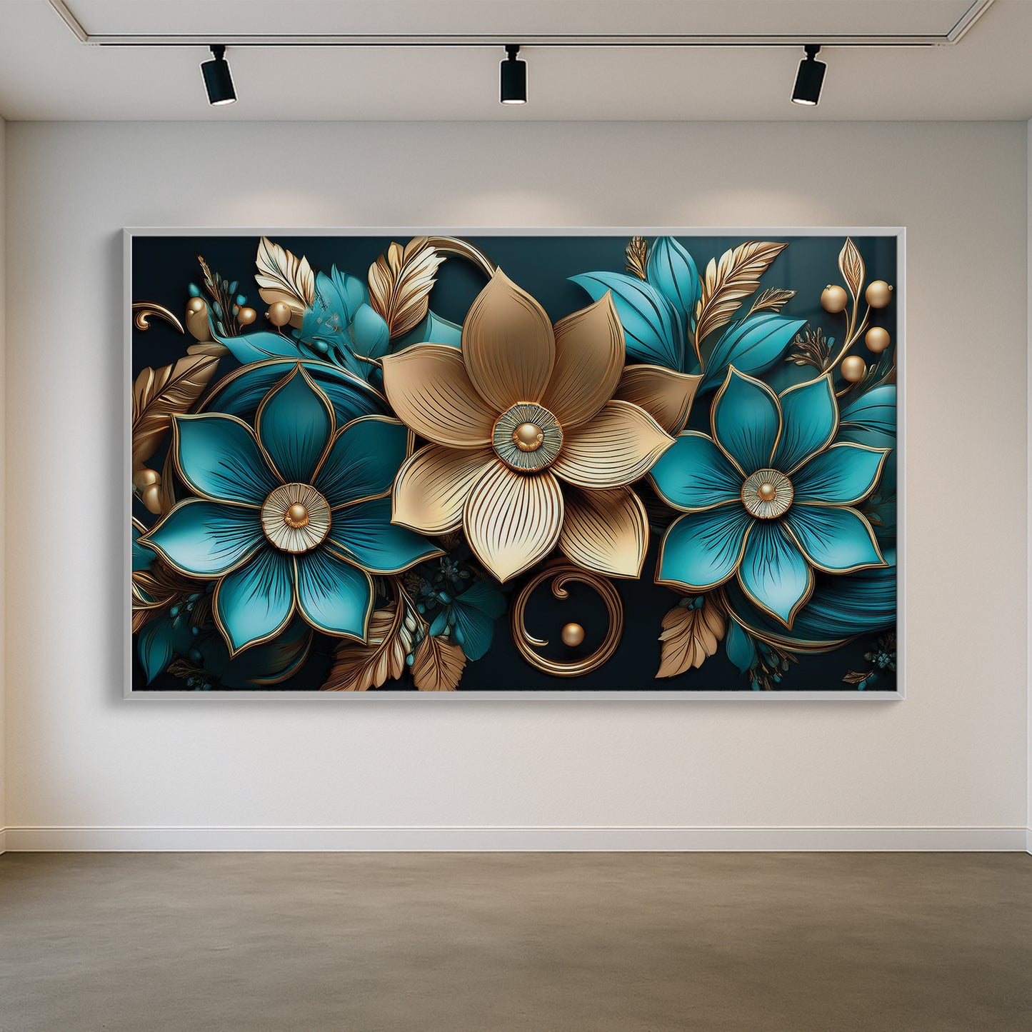 Luxury Blue & Gold Floral Metal Framed Wall Art – Elegant Botanical Design