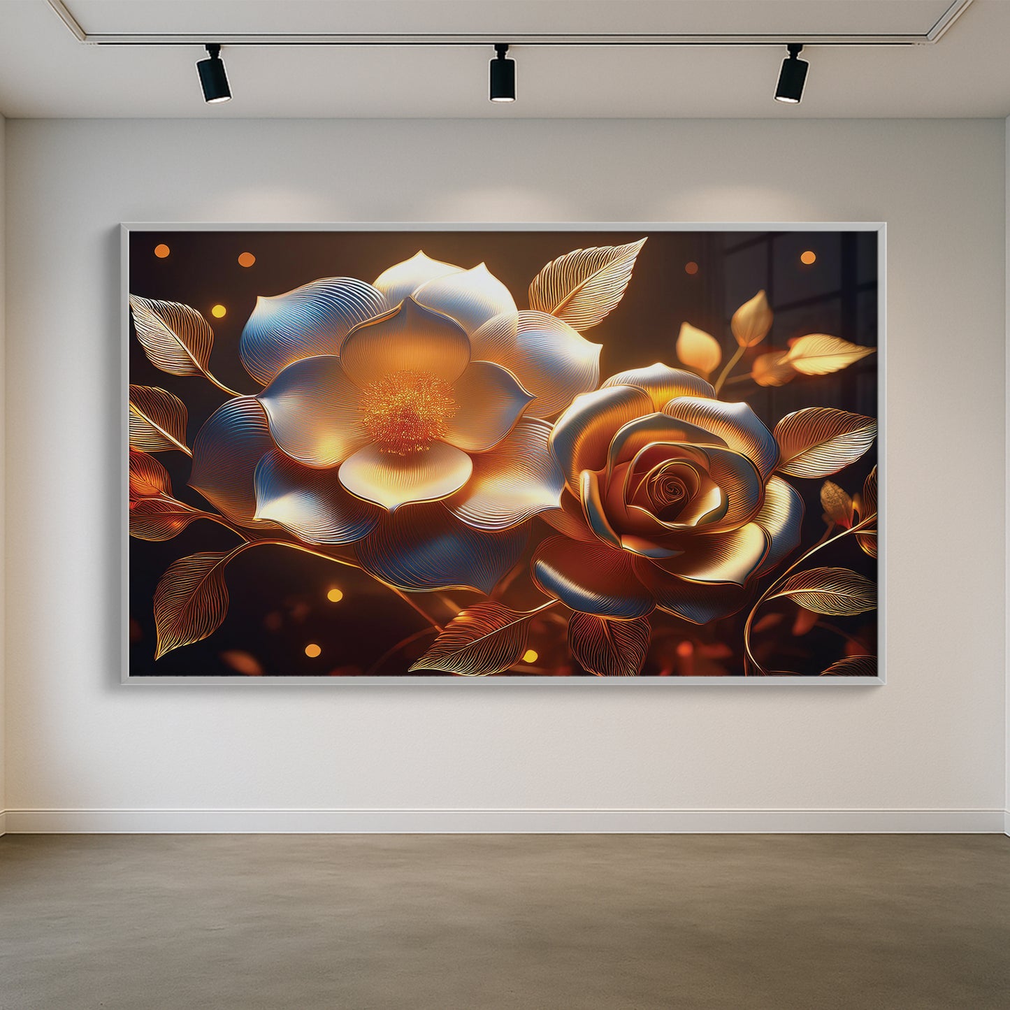 Golden Rose & Light Bloom Metal Framed Wall Art – Radiant Luxury Design