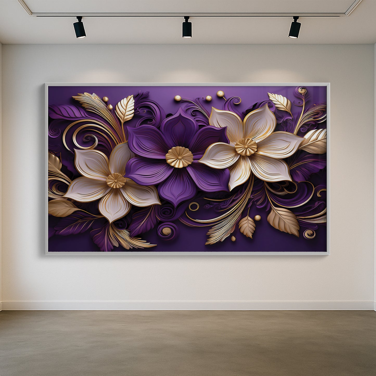 Luxury Purple & Gold Floral Metal Framed Wall Art – Elegant Botanical Design