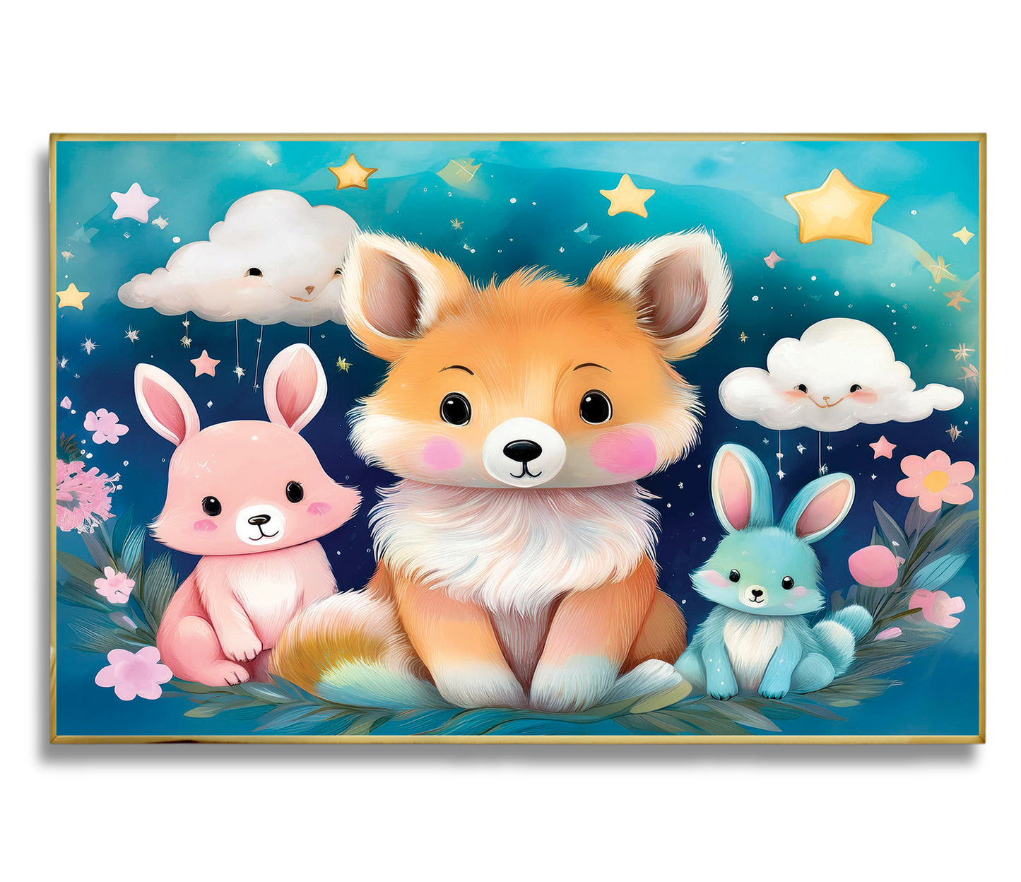 Fox & Bunny Woodland Friends Under a Starry Sky – Kids Animal Wall Art