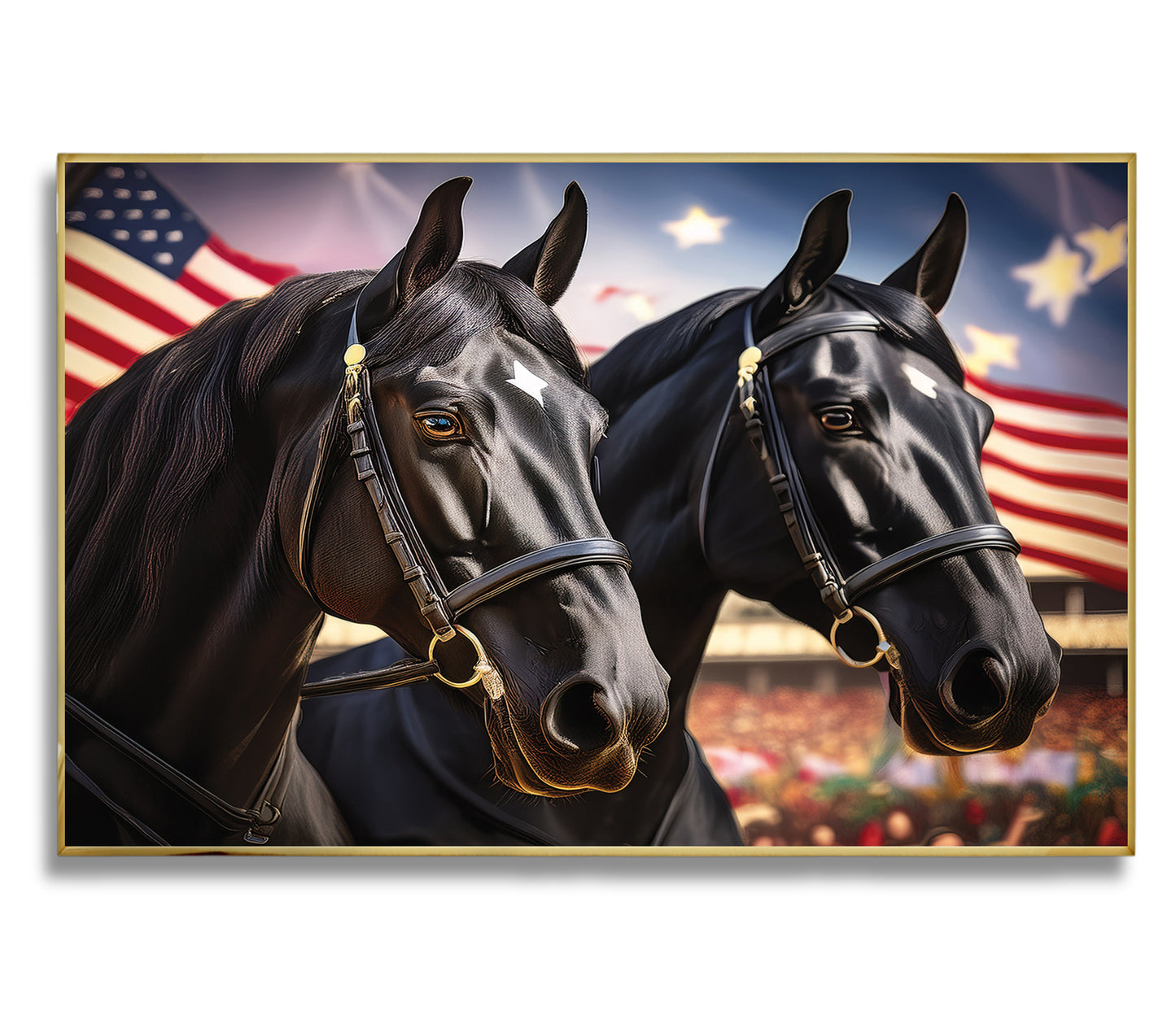 American Pride – Black Percheron Draft Duo with Flags