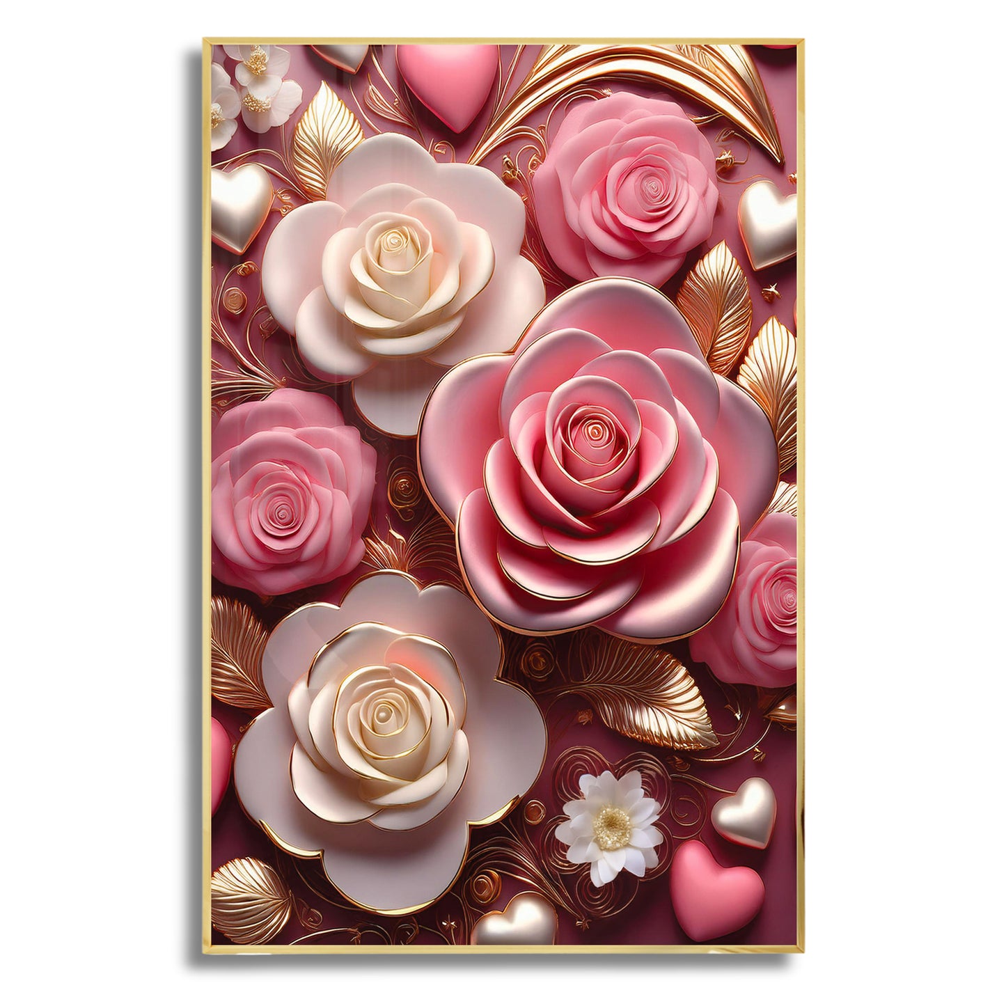 Pink and white rose floral wall art with golden highlights, framed in metal for romantic and luxurious home décor.