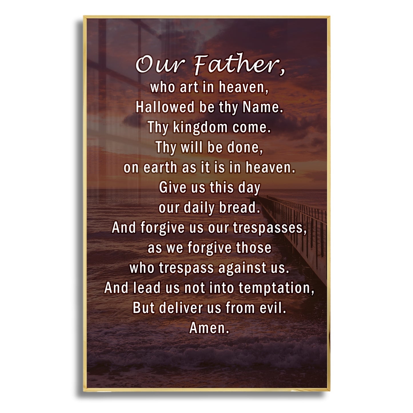 The Lord’s Prayer (Our Father) scripture wall art over ocean sunset, framed in metal Christian décor.
