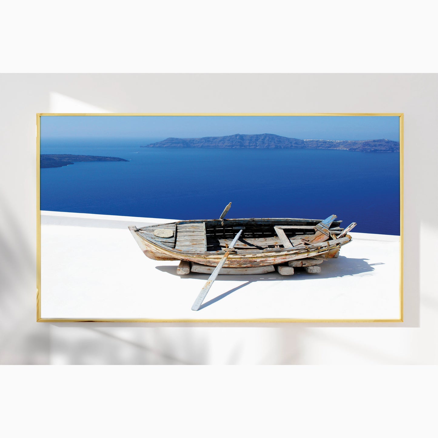 Aged Boat Overlooking Santorini Coast β Mediterranean Minimalist Wall Art Print