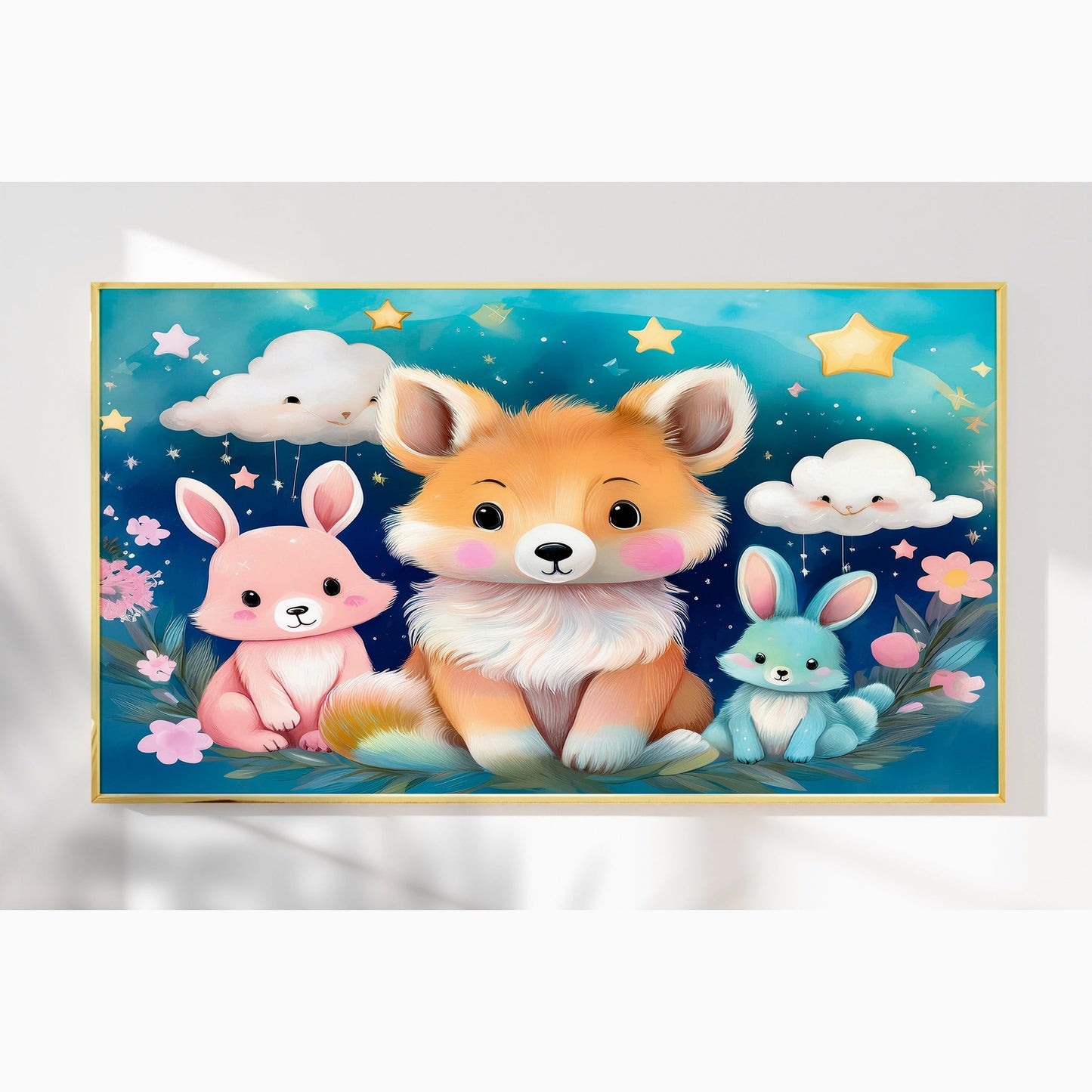 Fox & Bunny Woodland Friends Under a Starry Sky – Kids Animal Wall Art