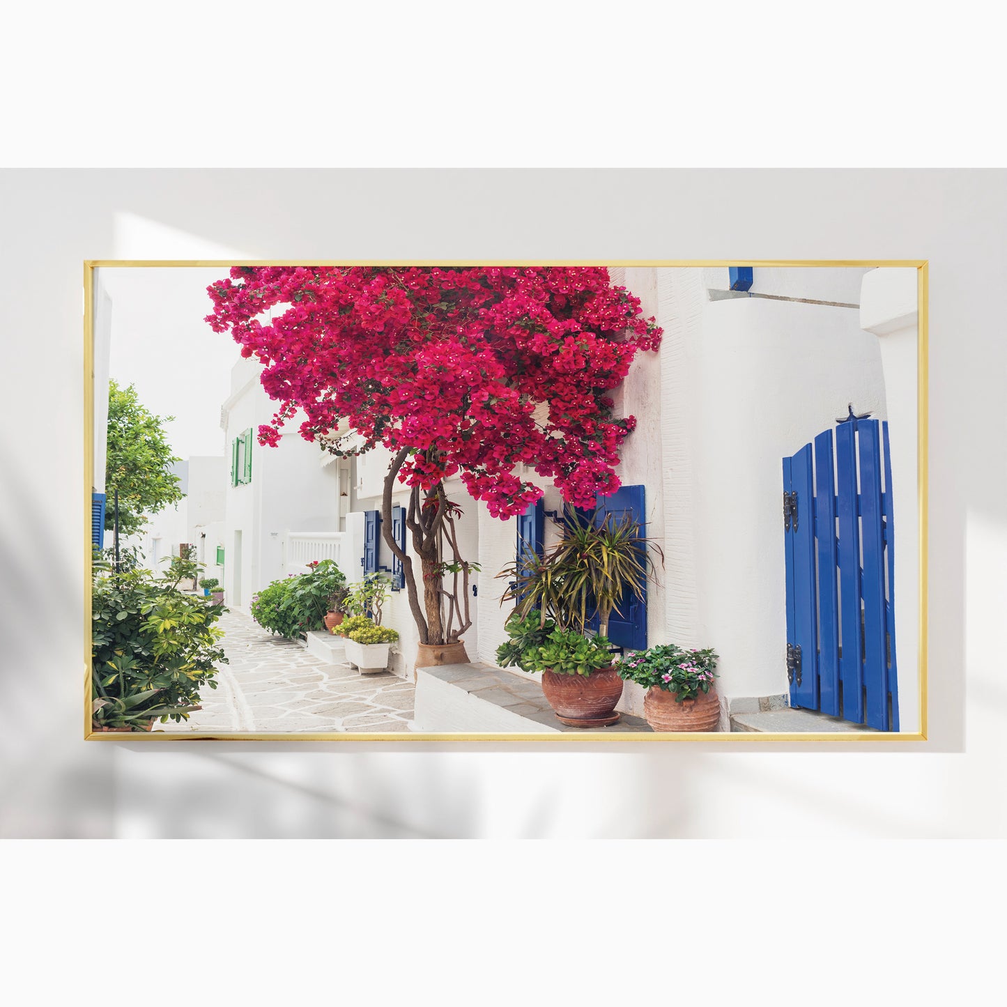 Cycladic Bloom – Bougainvillea Street Wall Art, Greek Island Floral Escape